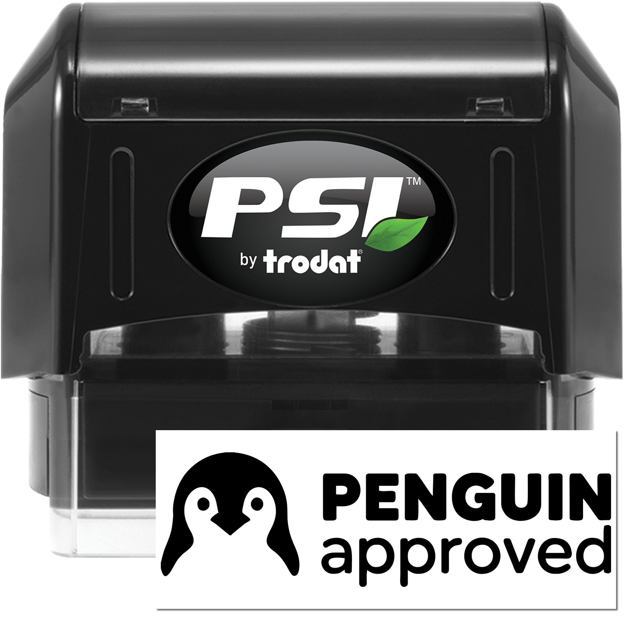 Black PSI by Trodat stamp with green leaf logo, paired with a white Penguin Approved seal and penguin icon.