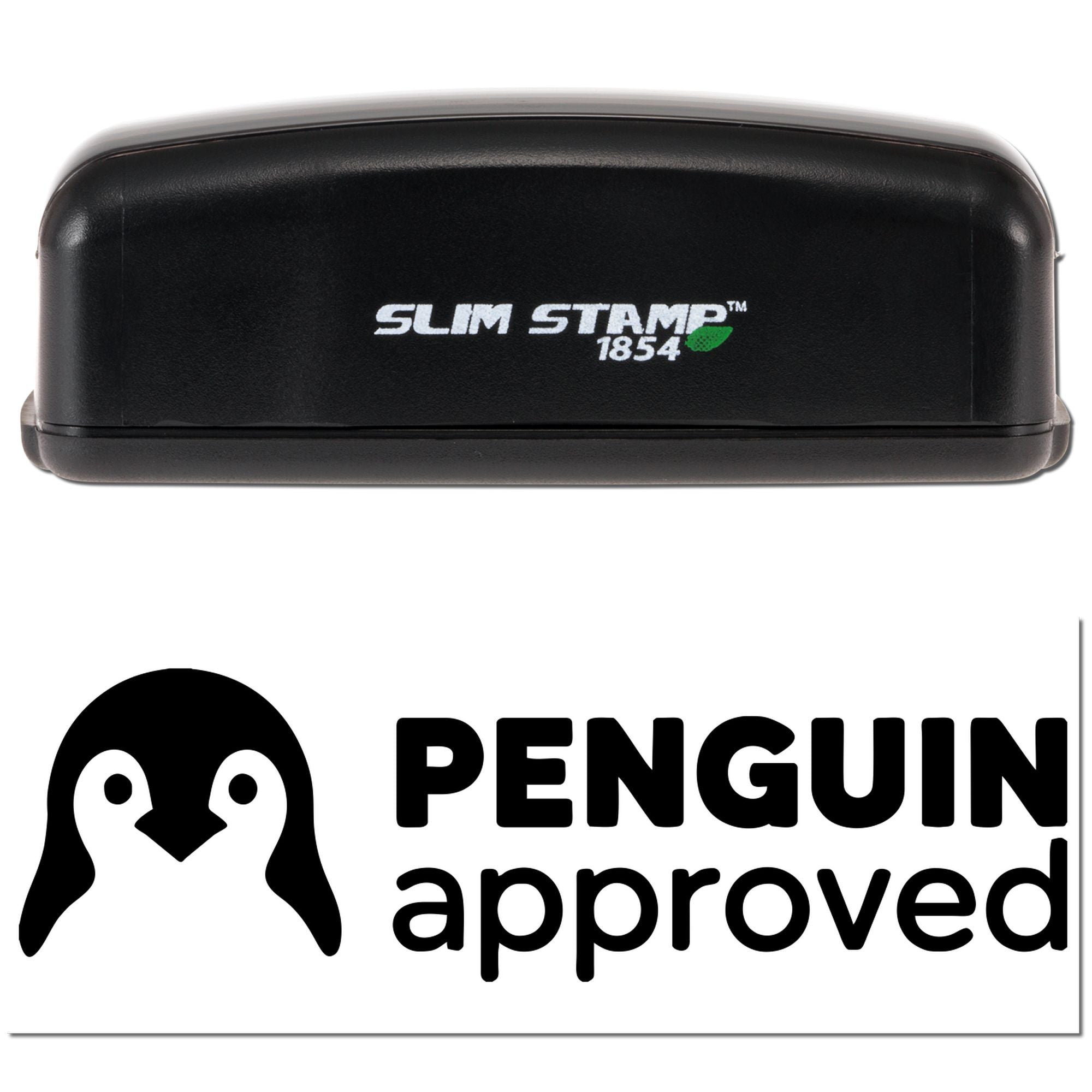 Black Slim Stamp 1854 embossing seal with Penguin Approved logo on white background.
