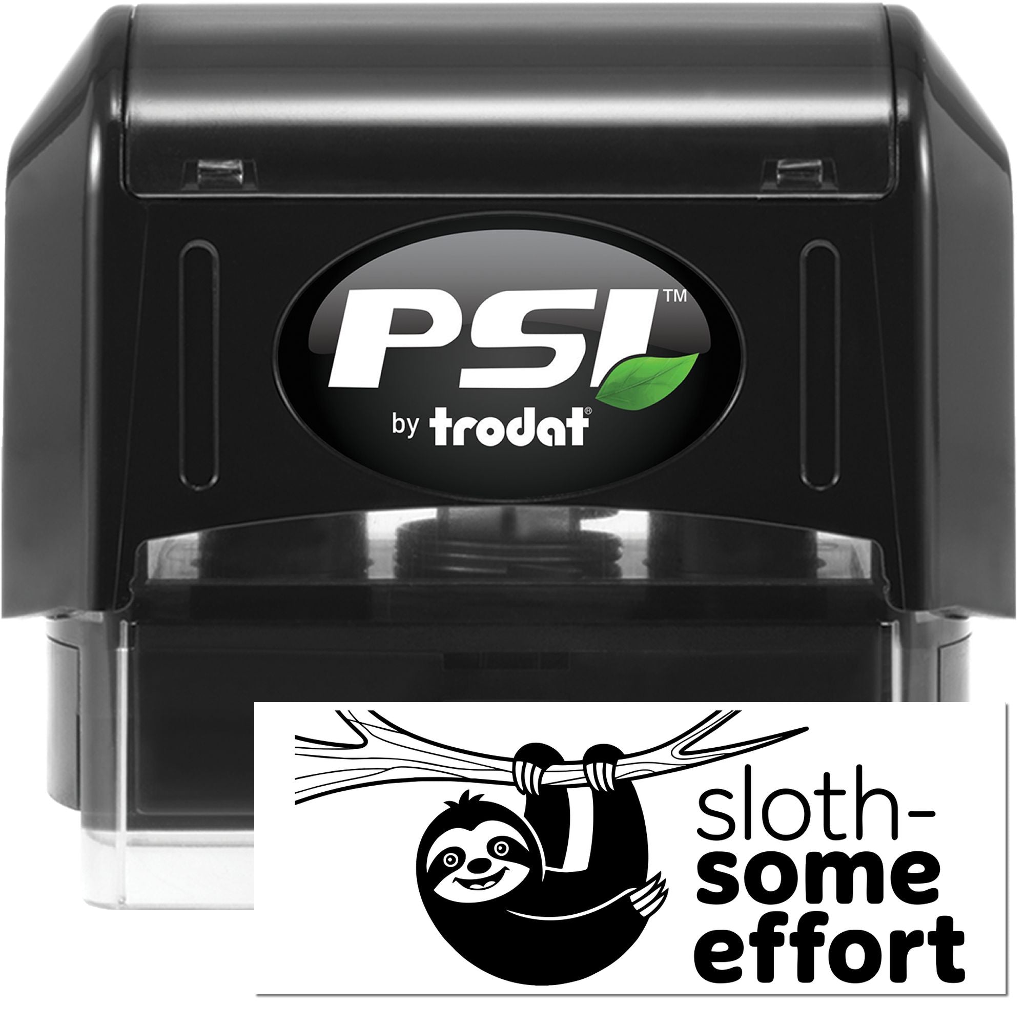 Black PSI by Trodat self-inking stamp with white custom seal, sloth graphic, and green leaf logo.