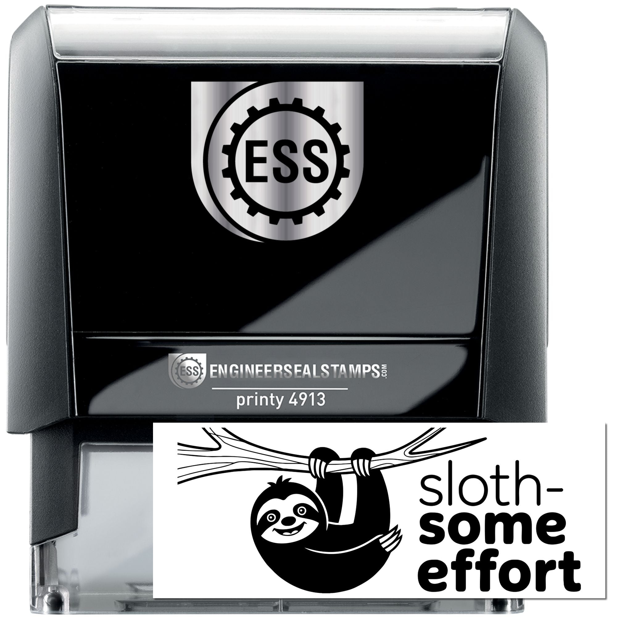 Black and silver self-inking stamp and seal set with ESS logo, engineer seal, and sloth-some effort design.