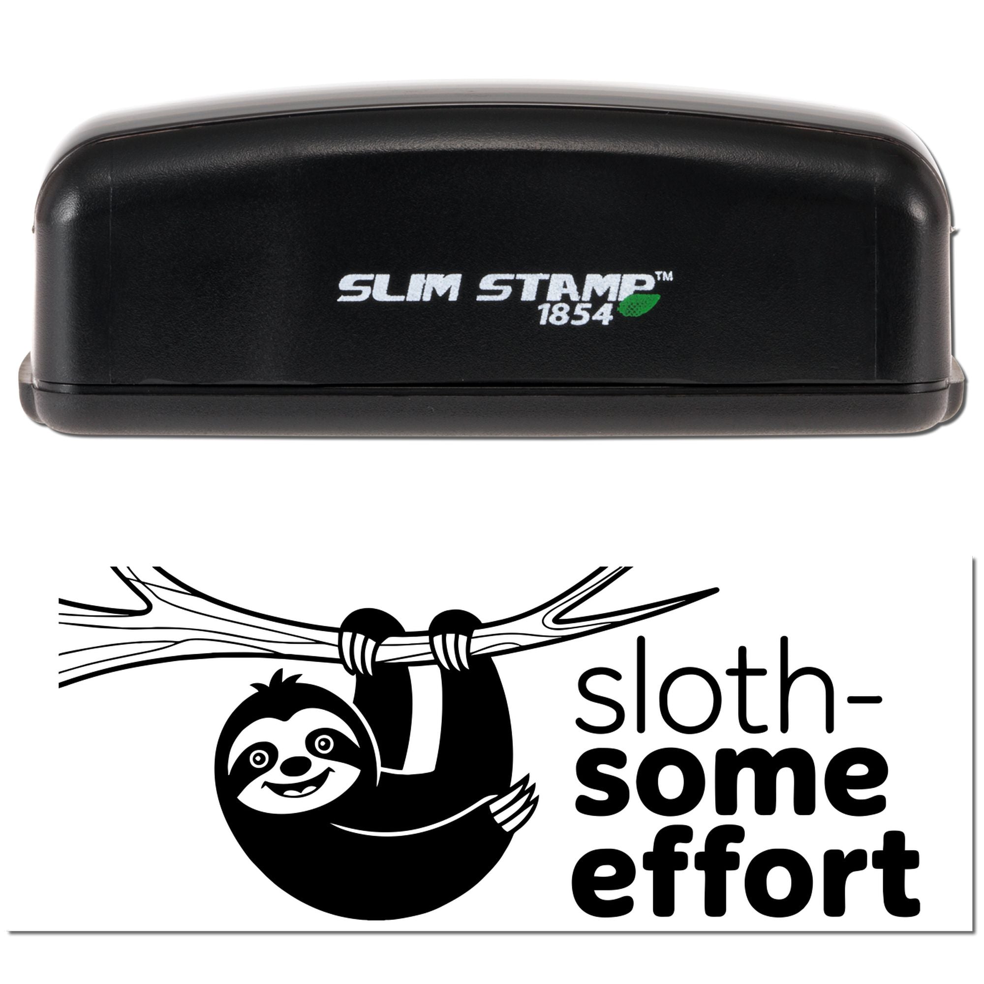Black Slim Stamp 1854 self-inking stamp and sloth-themed seal design in black and white.