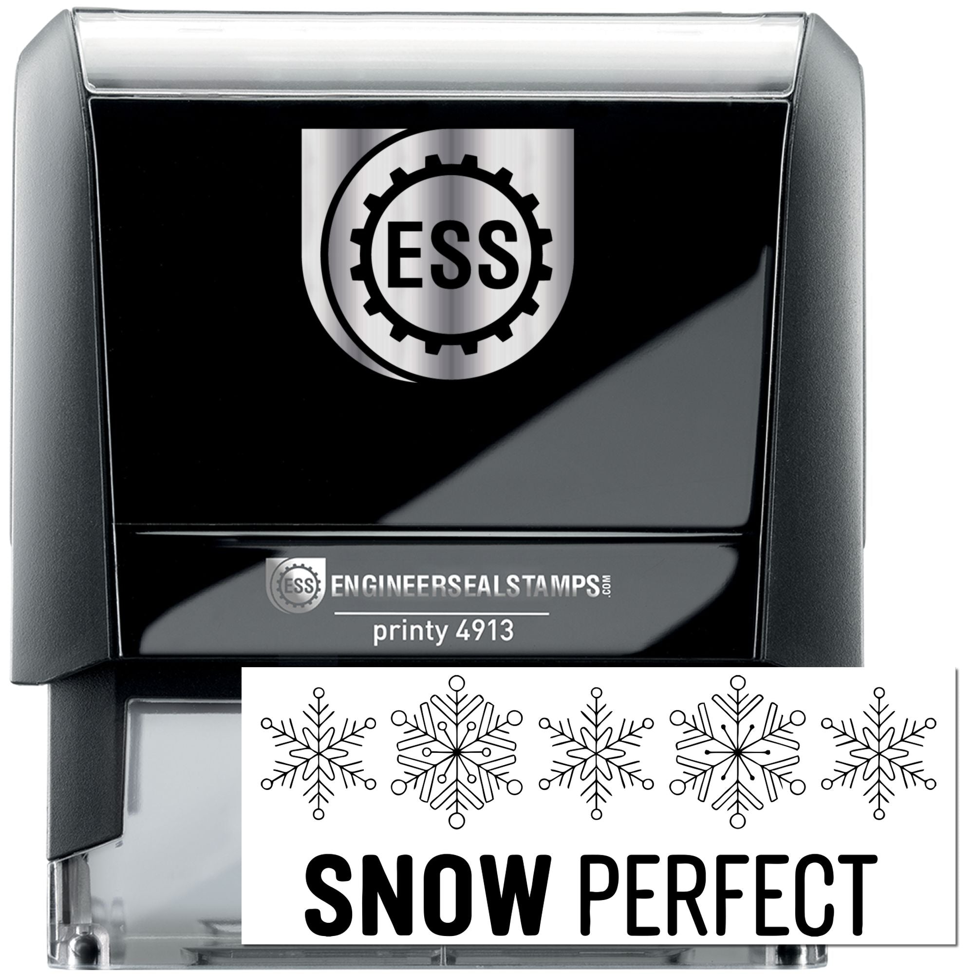 Black self-inking ESS stamp and seal with silver top, snowflakes, and bold Snow Perfect text.