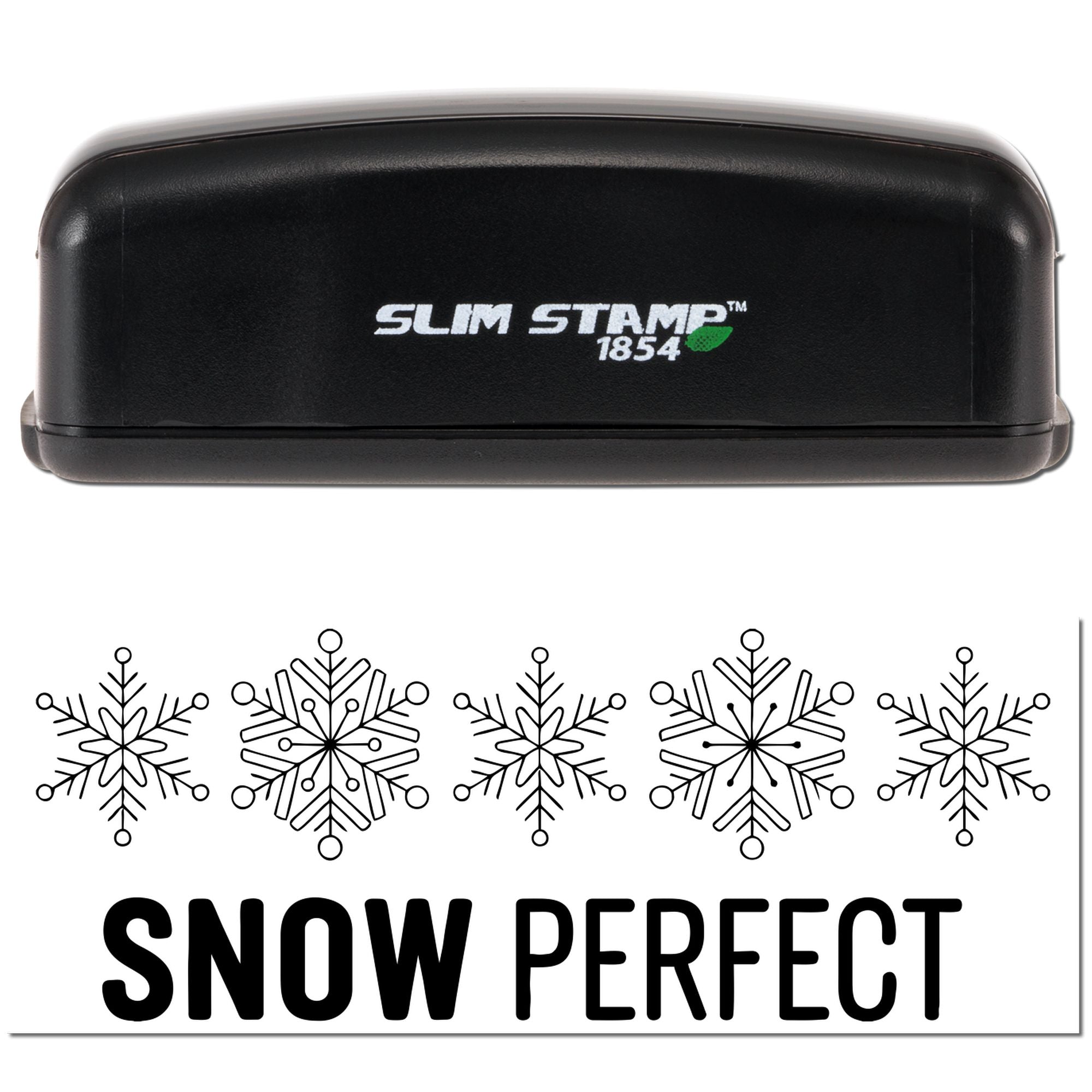 Black Slim Stamp 1854 stamp and seal with white logo, green accent, and snowflake design with SNOW PERFECT text.