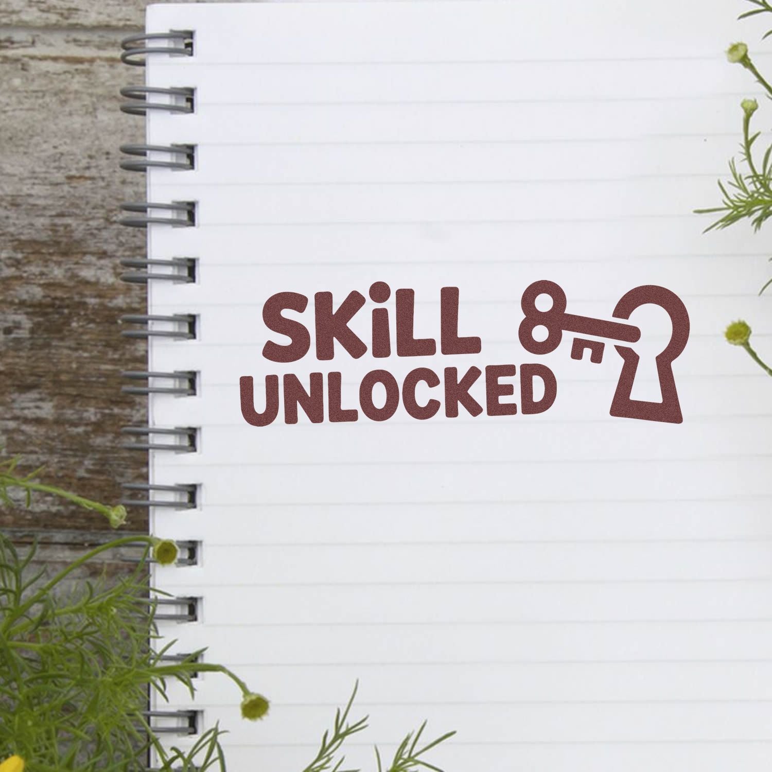 Brown Skill Unlocked stamp and key seal on a white spiral notebook page with greenery.