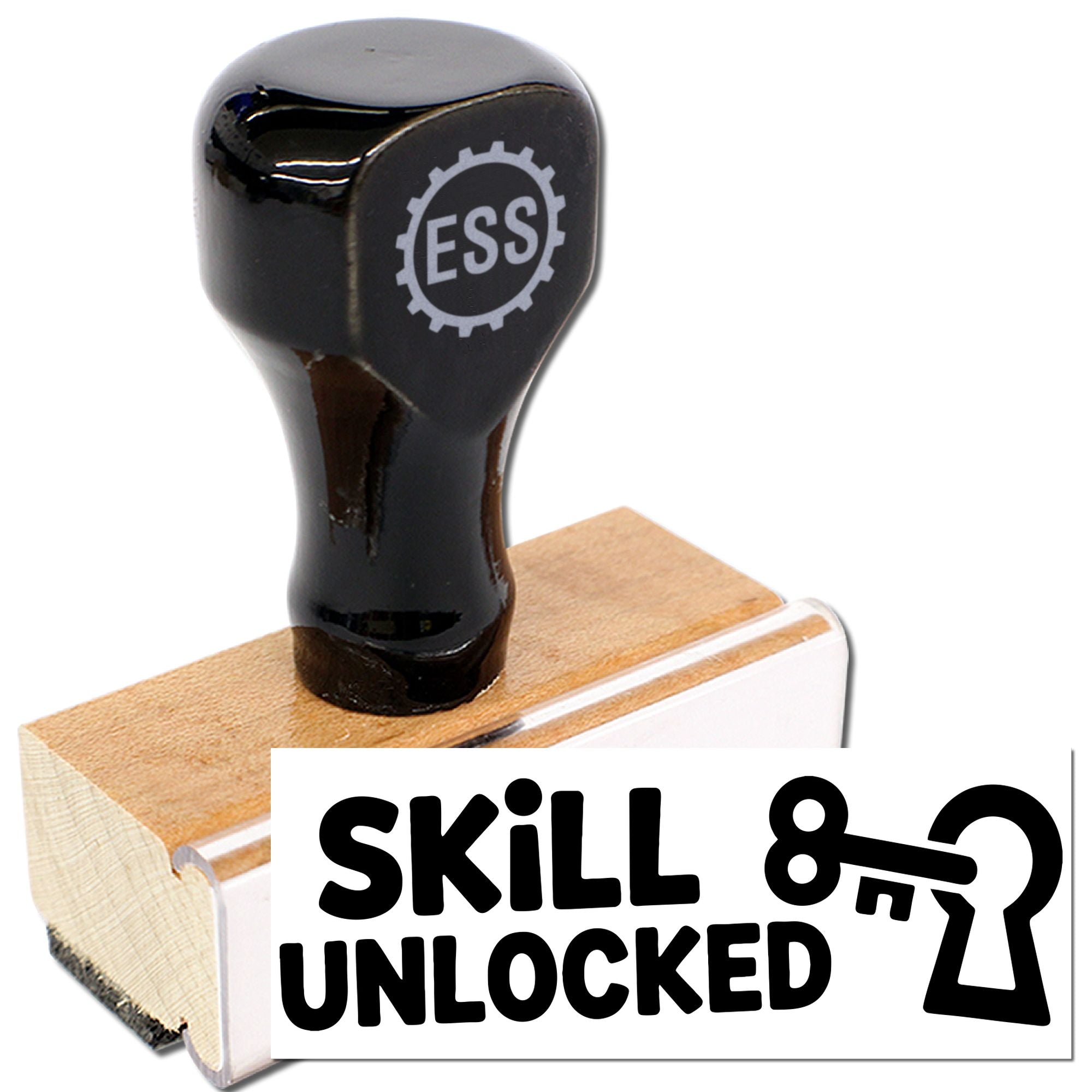 Black self-inking stamp and seal with wooden base, ESS gear logo, and Skill Unlocked text on white.