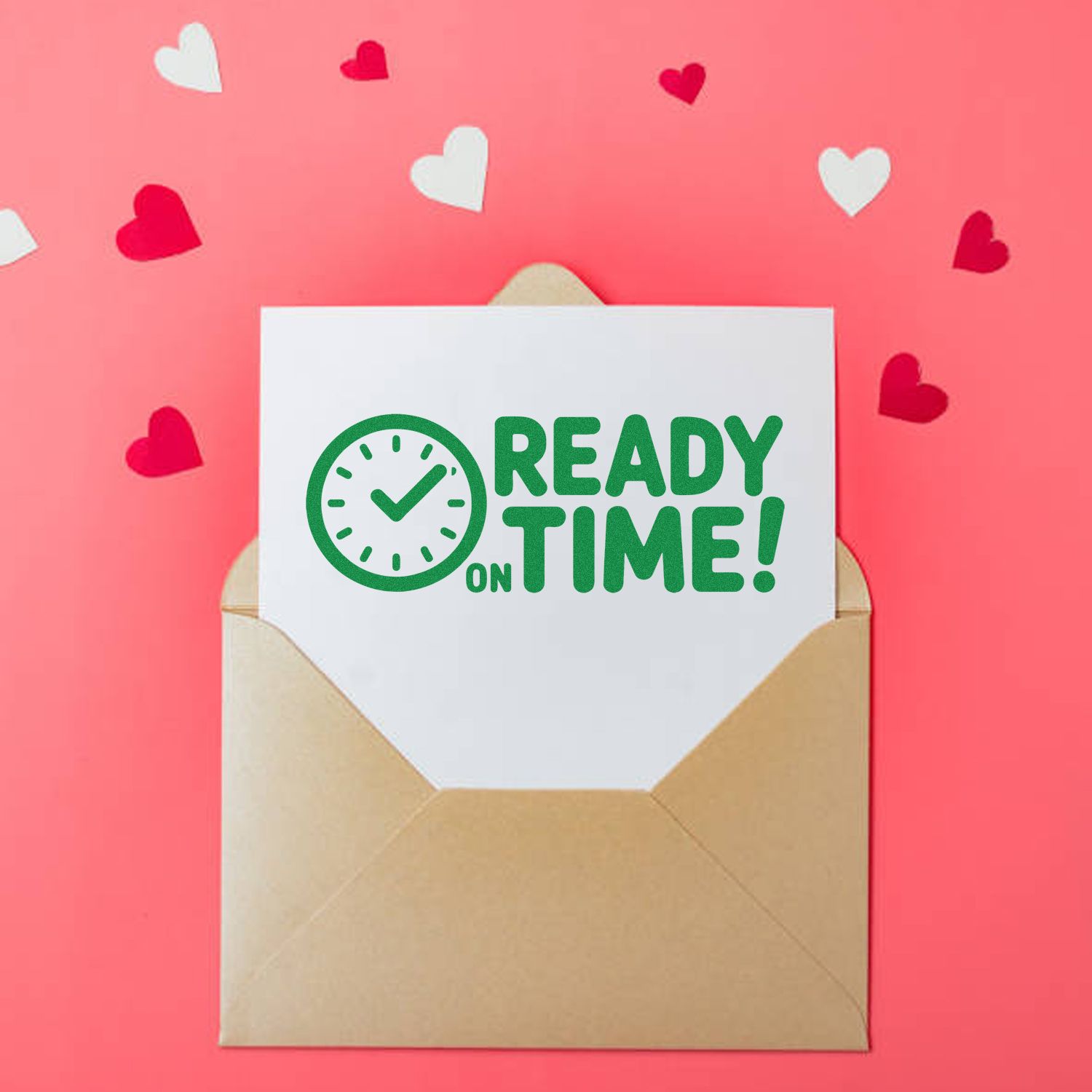 Green Ready on Time stamp and seal with clock icon on white card in tan envelope, on pink background with red and white hearts.