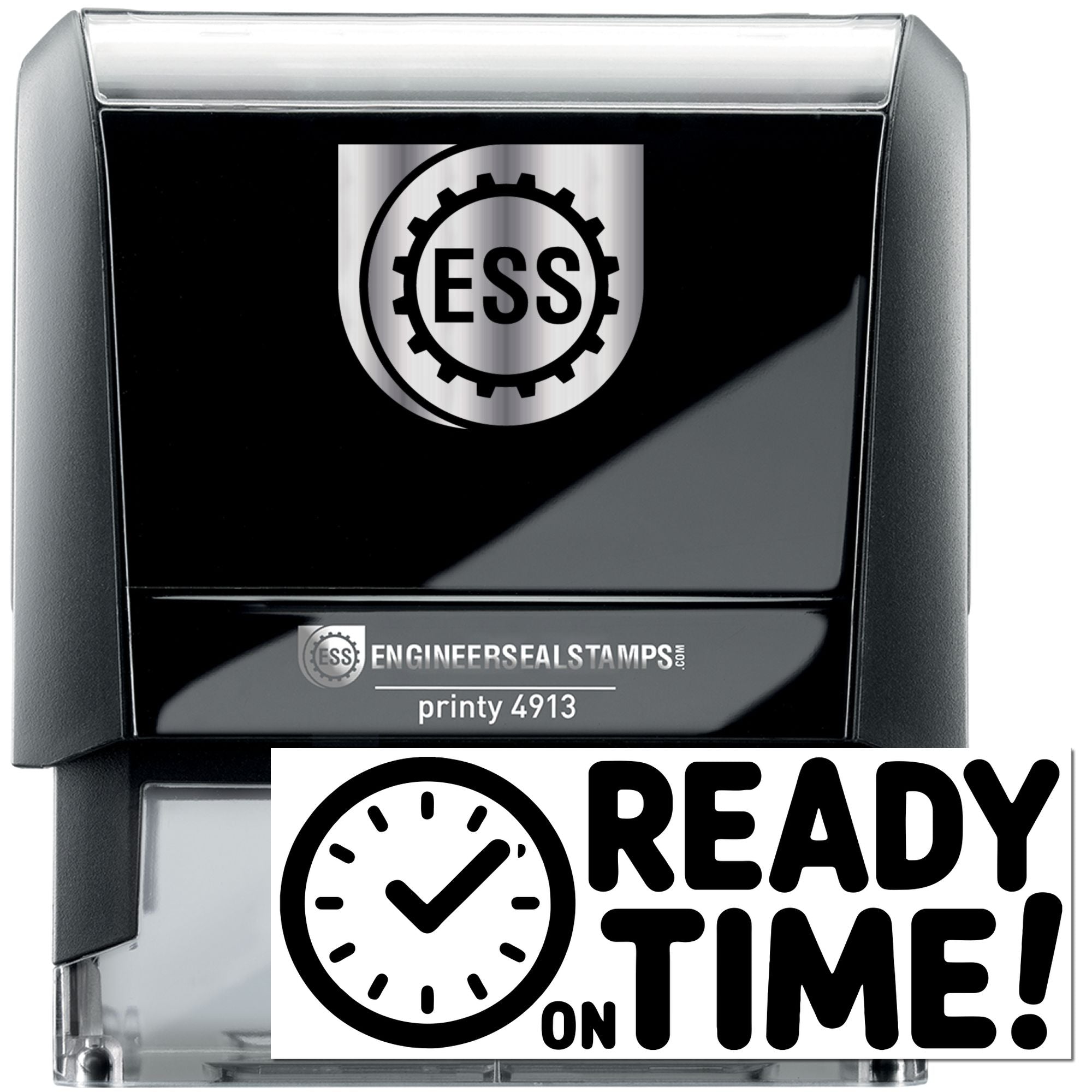 Black self-inking ESS stamp and seal with silver top, showing gear logo and READY on TIME! emblem