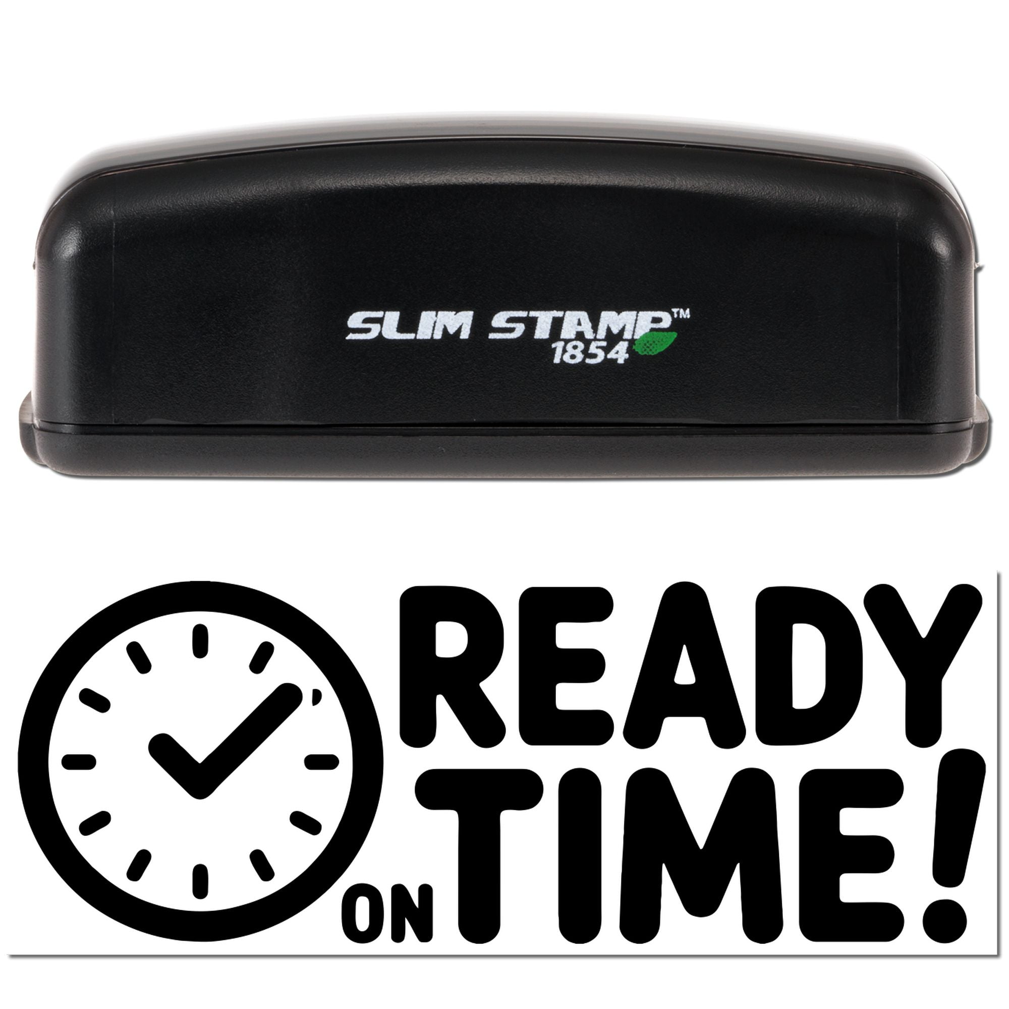 Black Slim Stamp 1854 self-inking stamp and READY TIME! clock seal graphic on white background.