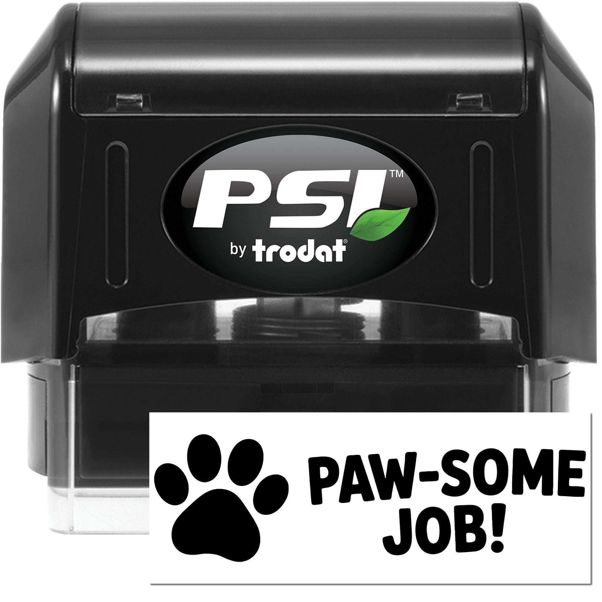 Black PSI by Trodat self-inking stamp and white Paw-some Job paw print seal on a white background.