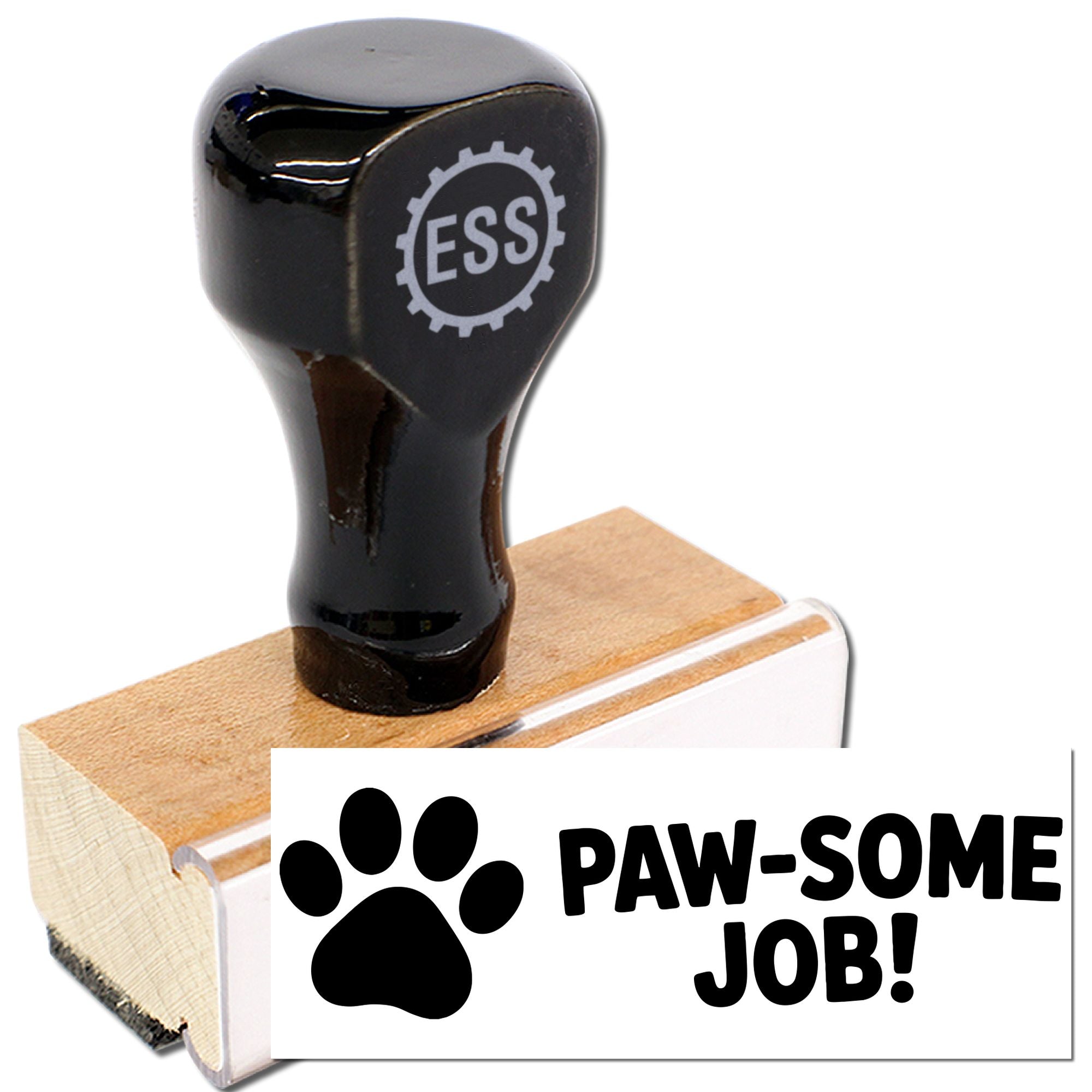 Black custom stamp and seal on a wooden block, with paw print and PAW-SOME JOB! on a white card.
