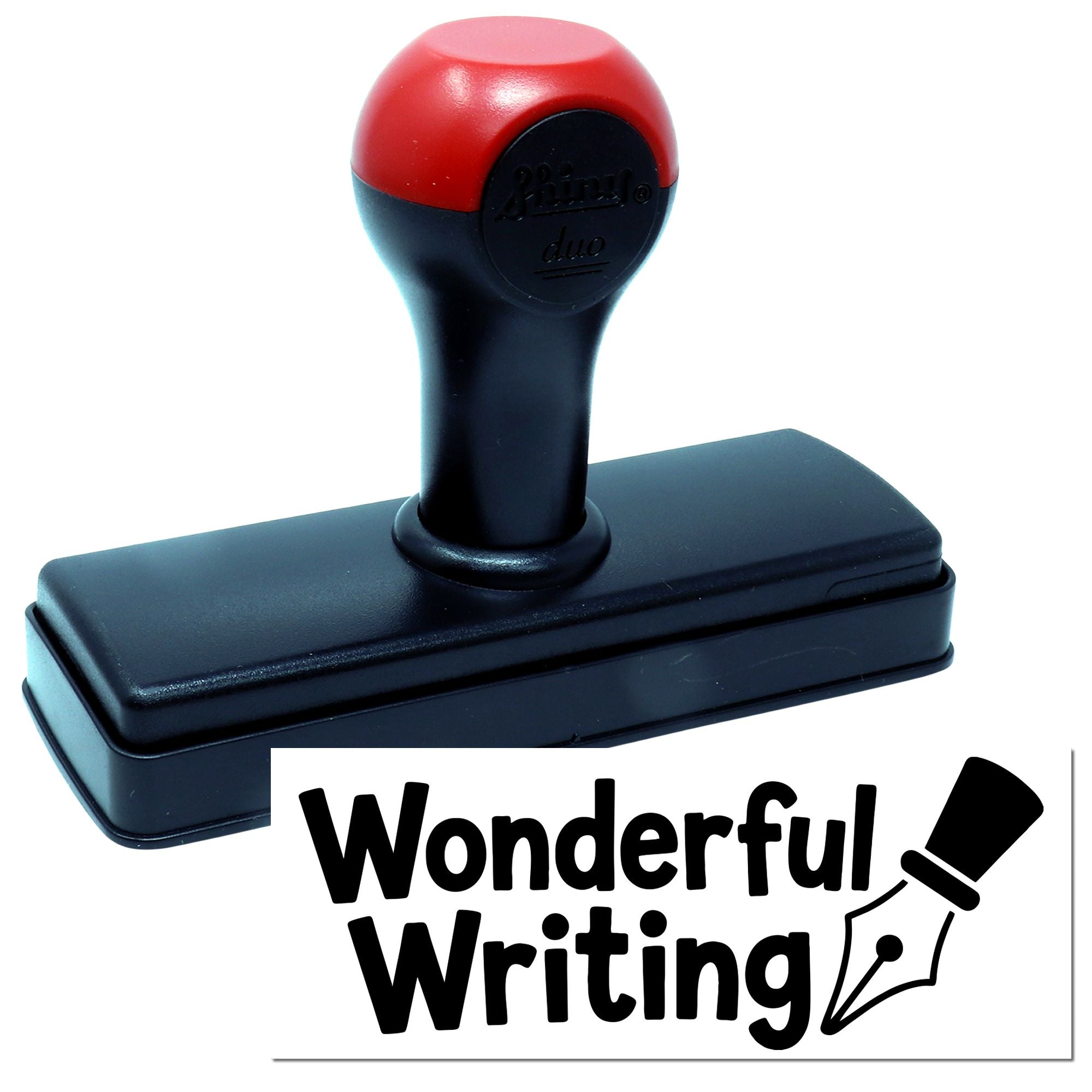 Red and black self-inking rubber stamp and seal with Wonderful Writing logo on a white background.