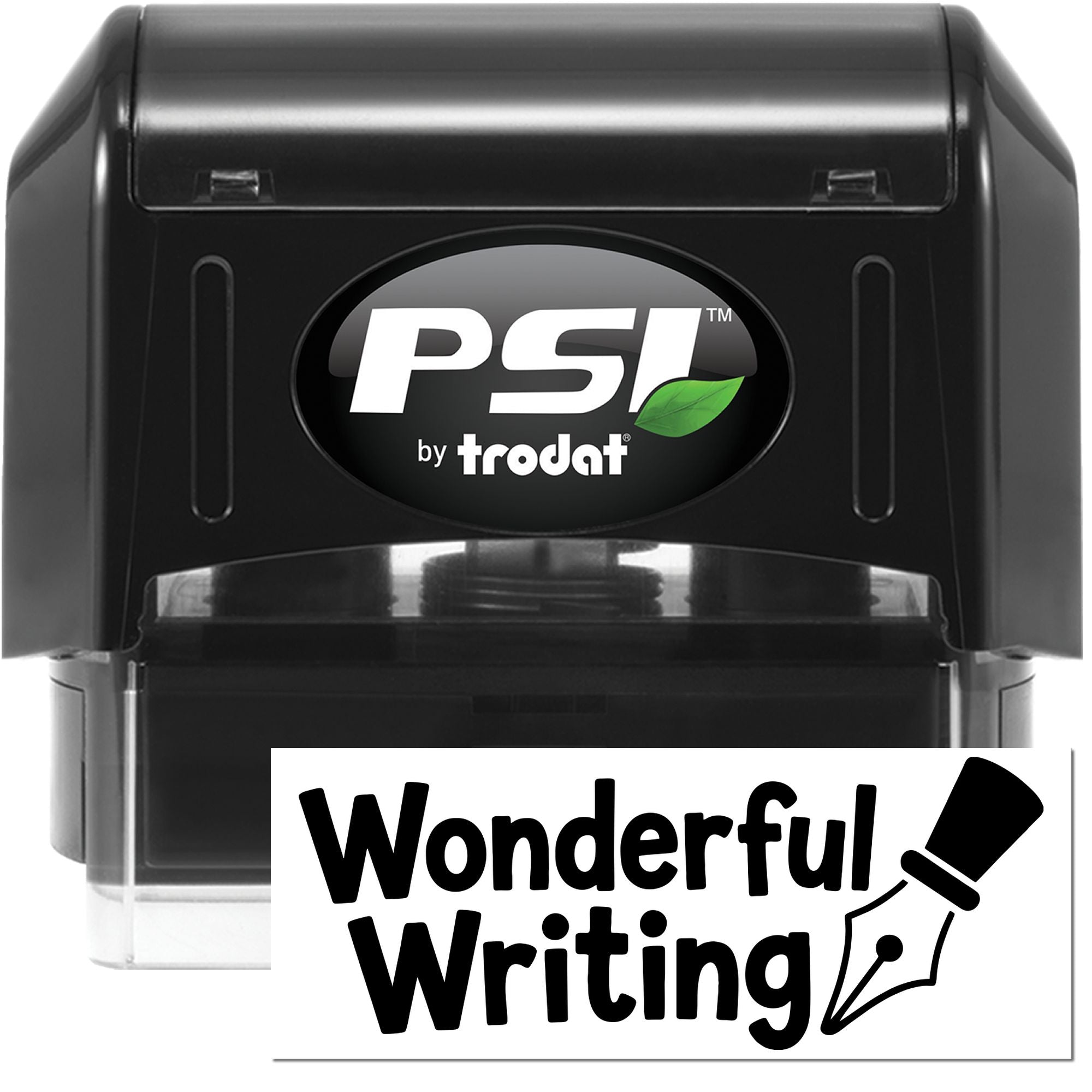 Black PSI by Trodat self-inking stamp and seal with white Wonderful Writing logo and fountain pen icon.