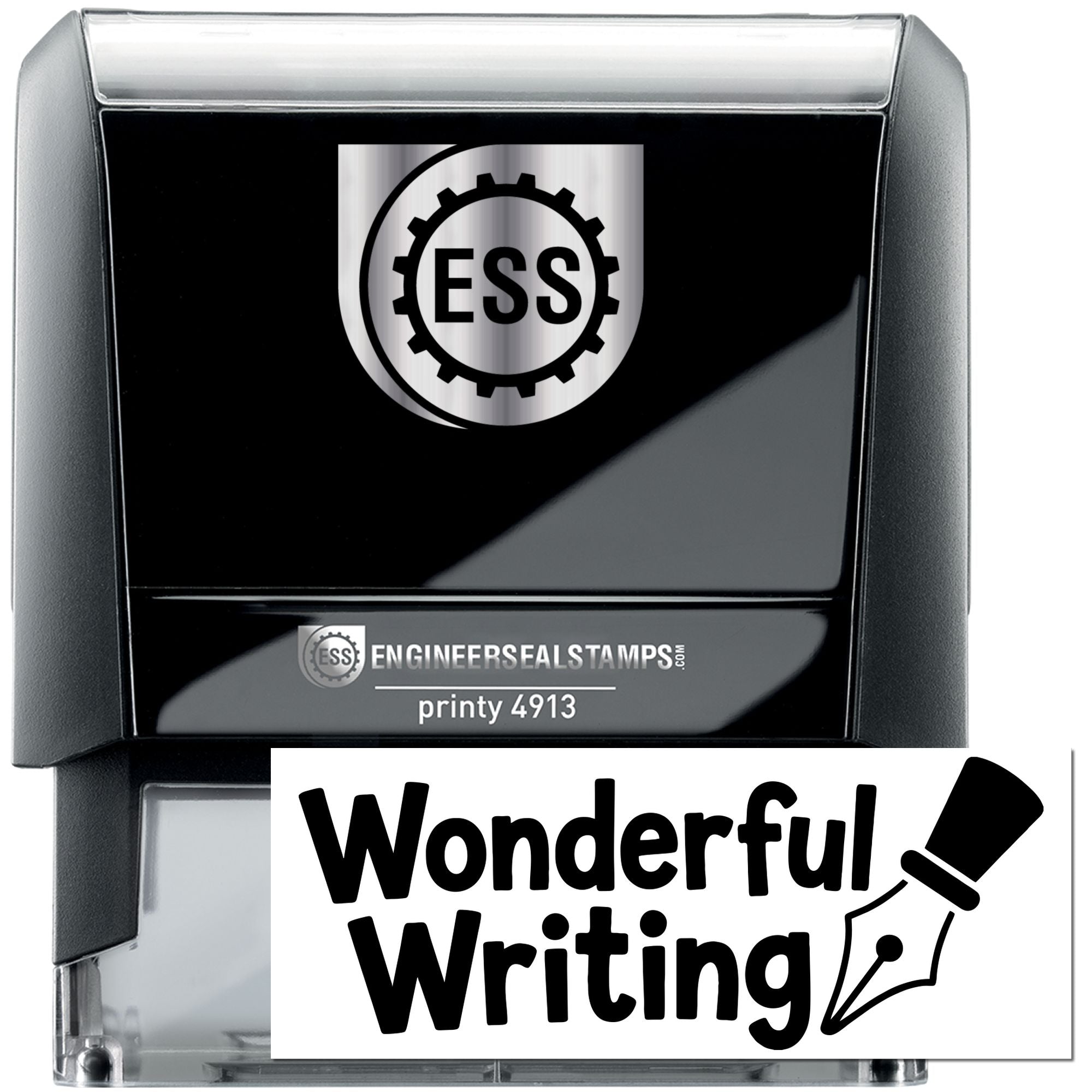 Black and silver self-inking engineer seal stamp with ESS logo and Wonderful Writing label