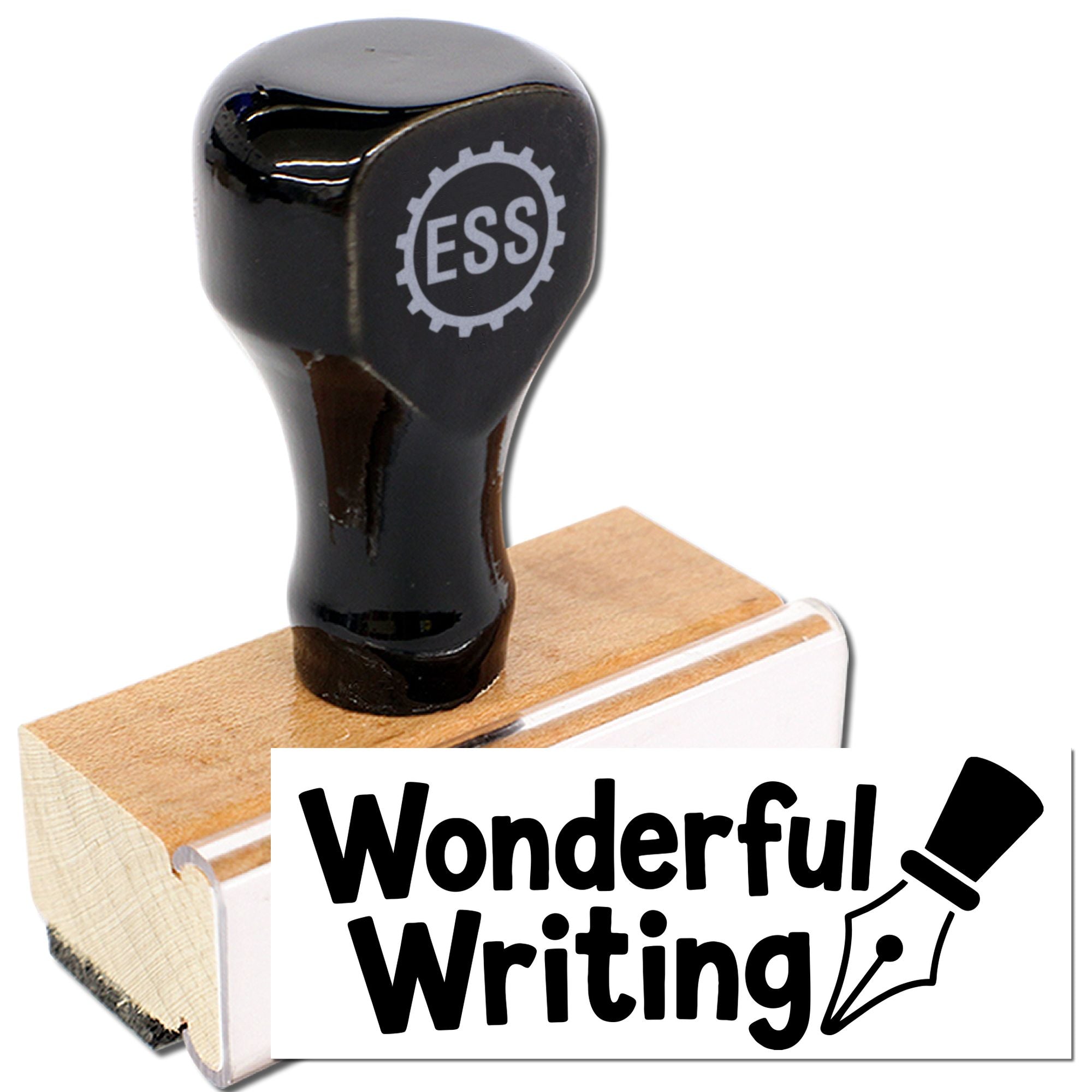 Black ESS rubber stamp seal on a wooden block, with tan and white base and Wonderful Writing logo in black.