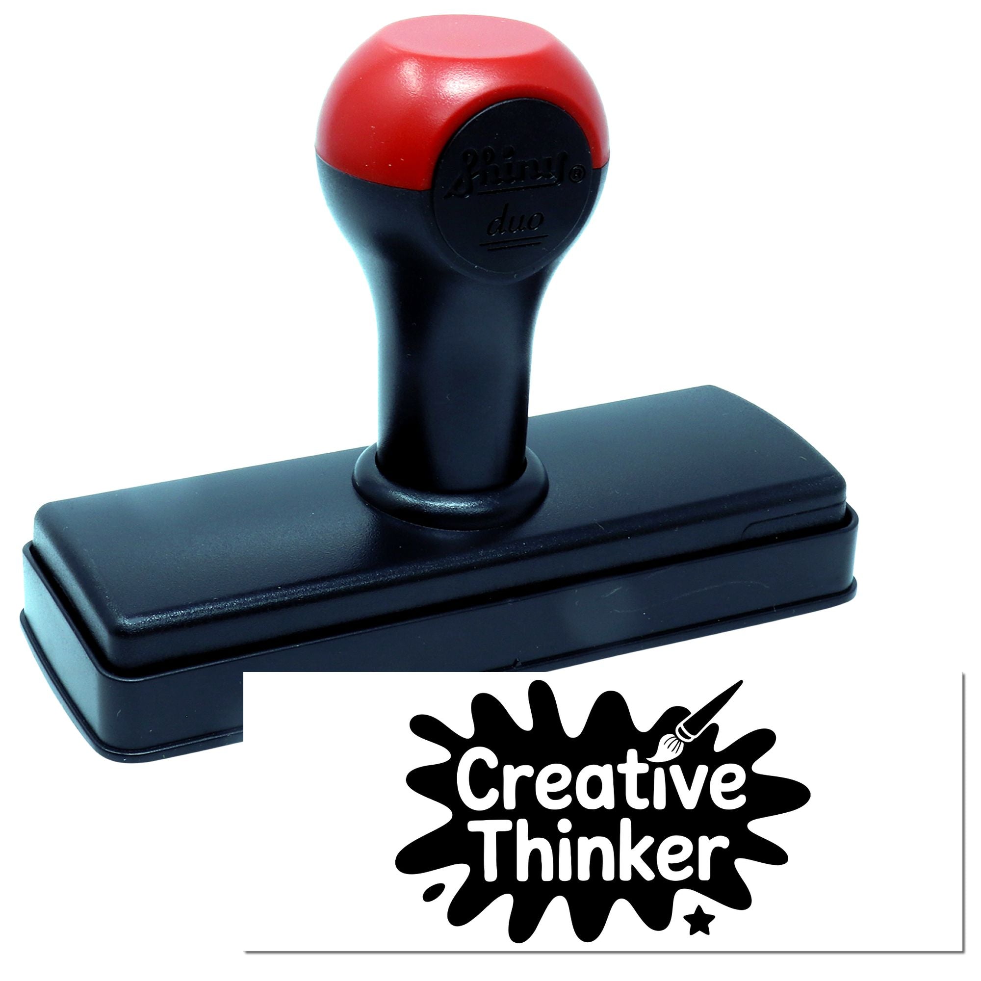 Red and black self-inking stamp and seal with Creative Thinker logo on white background.