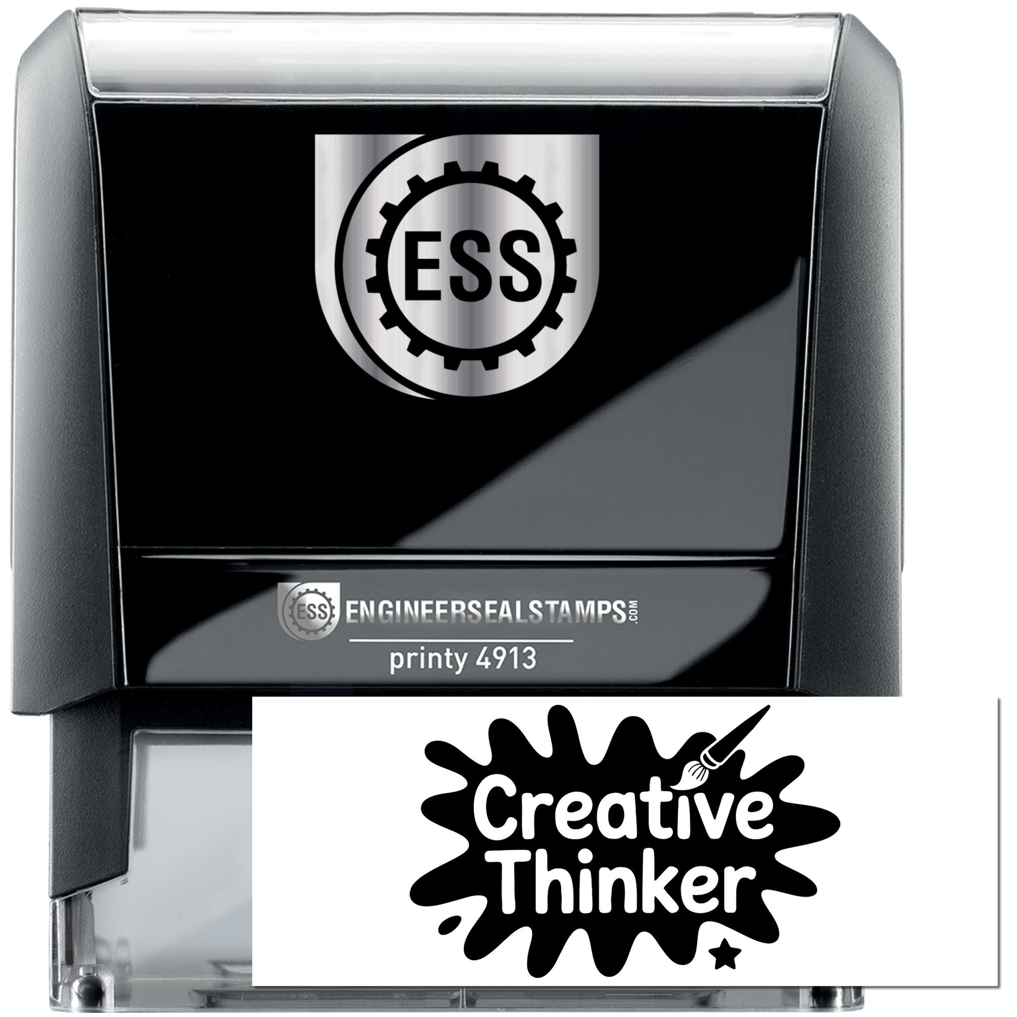 Black and silver self-inking ESS stamp and seal set with gear logo, Printy 4913, and Creative Thinker graphic.