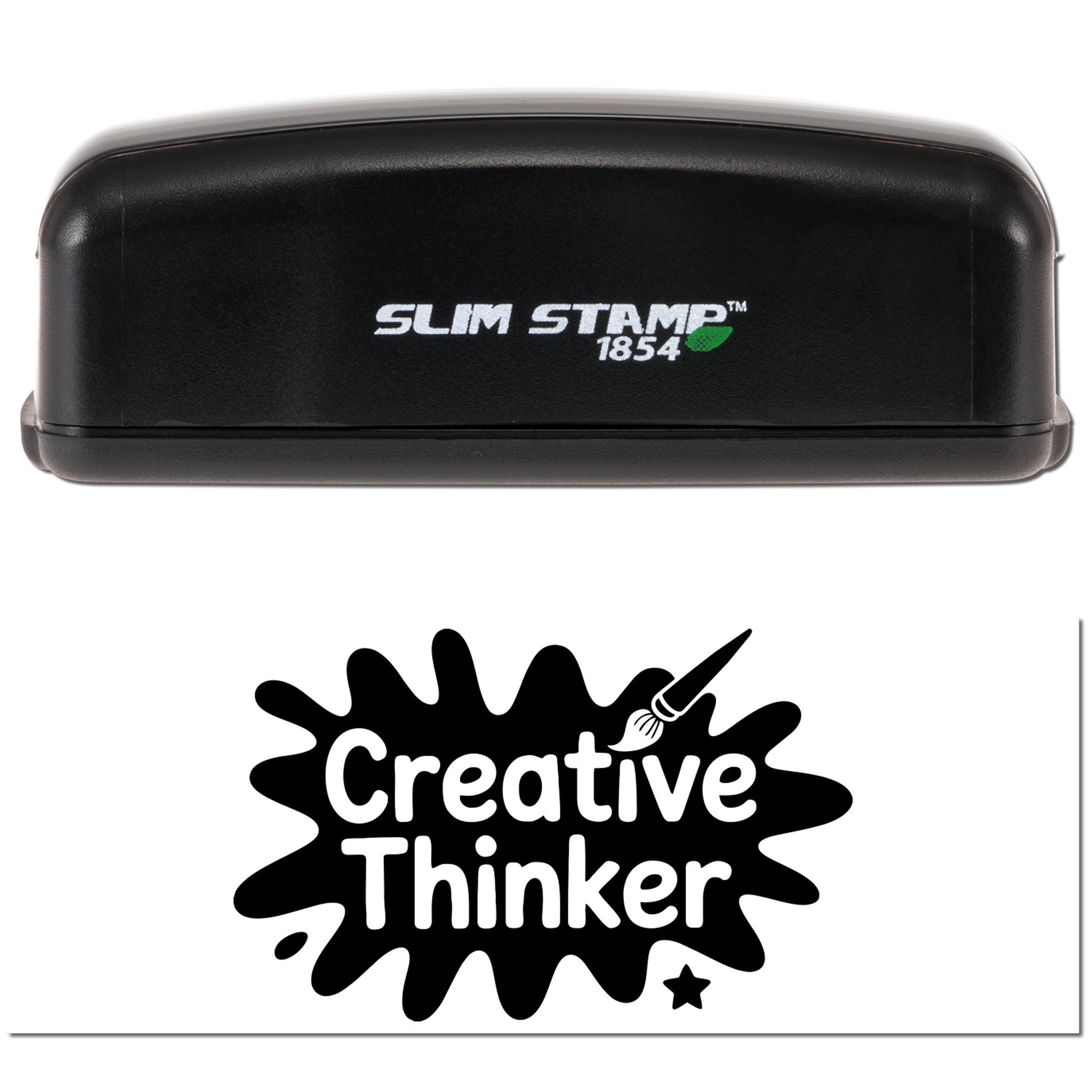 Black Slim Stamp 1854 self-inking stamp and Creative Thinker seal logo on white background.
