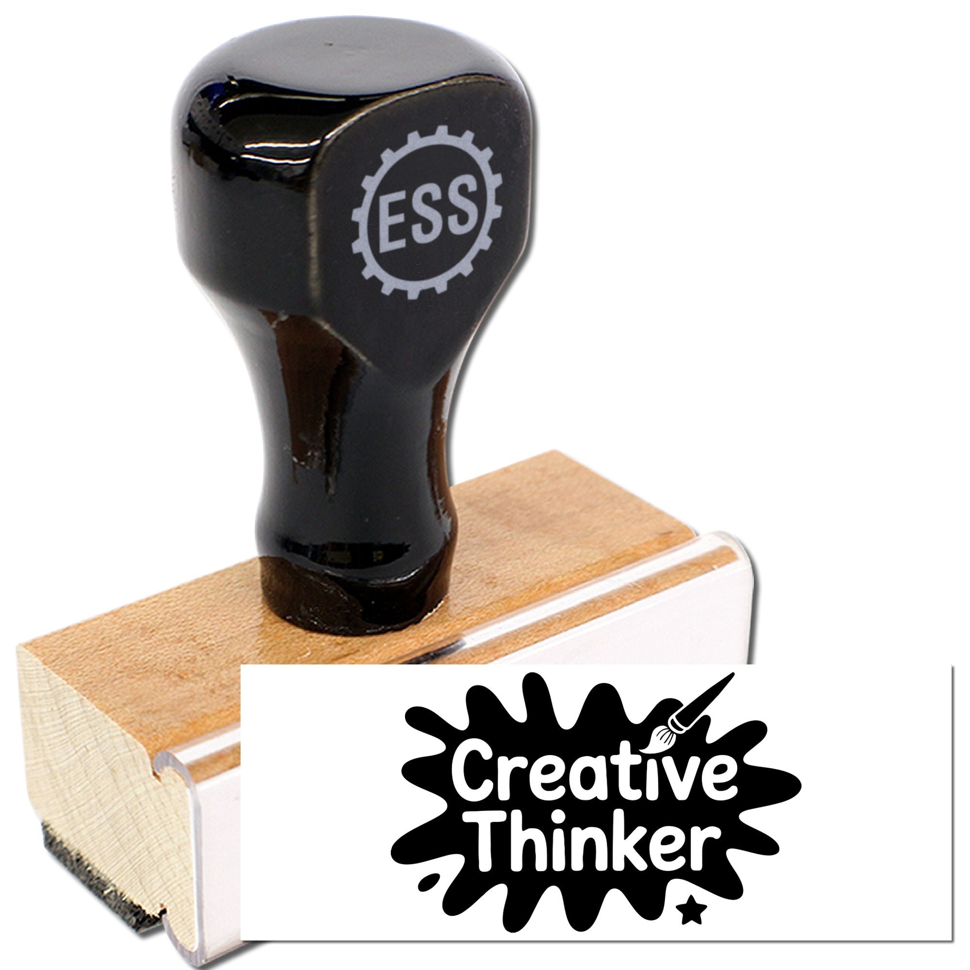 Black rubber stamp with ESS logo on a wooden base, showing a Creative Thinker seal design.