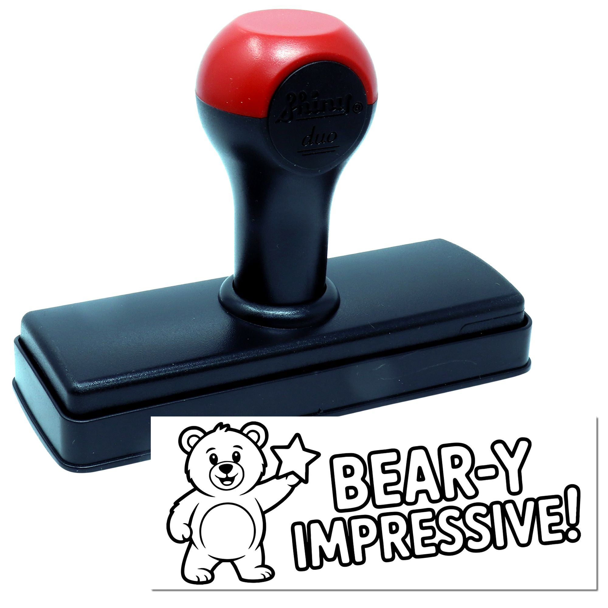 Black and red self-inking stamp and seal with bear graphic and BEAR-y IMPRESSIVE! imprint.