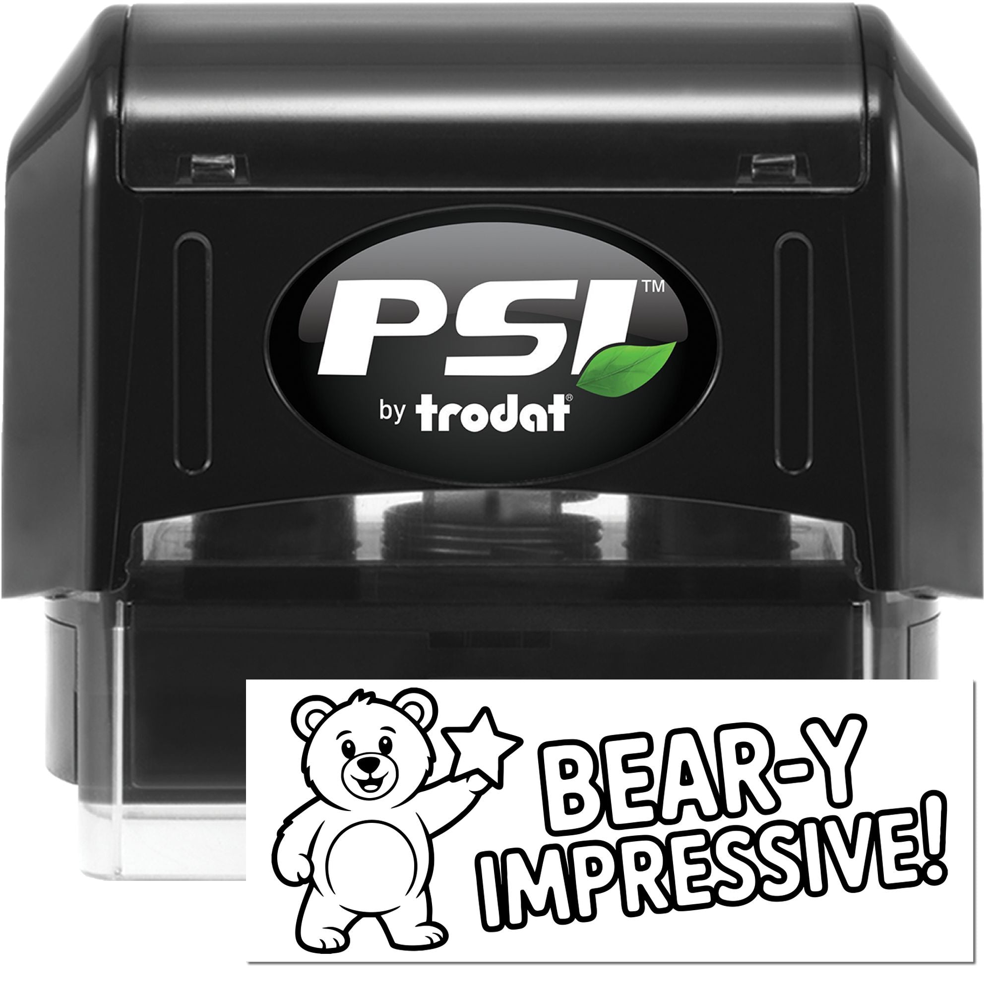 Black PSI by Trodat self-inking stamp and seal with teddy bear Bear-y Impressive! design on white card.