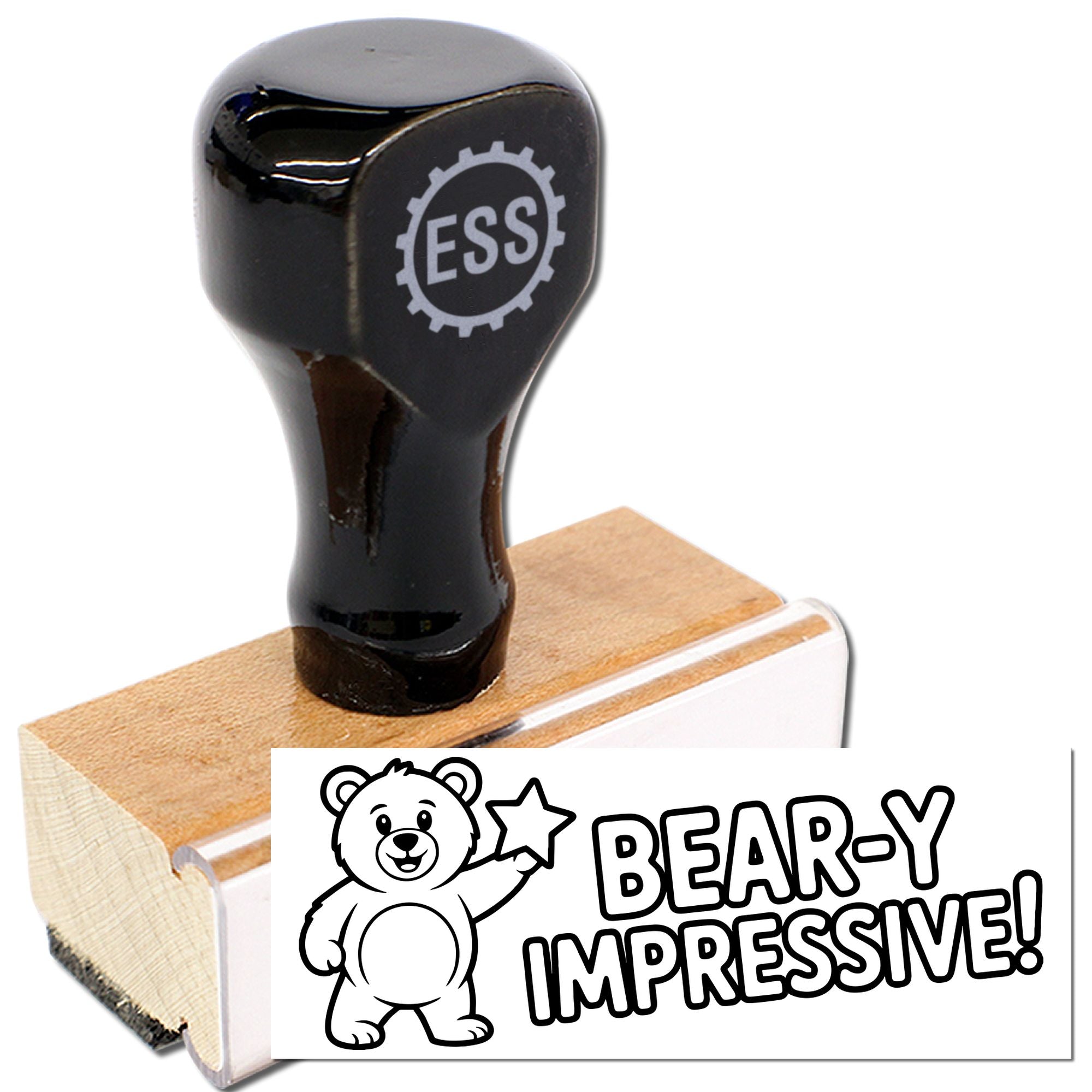 Black ESS seal stamp on a wooden block beside a white bear imprint card reading BEARY IMPRESSIVE!