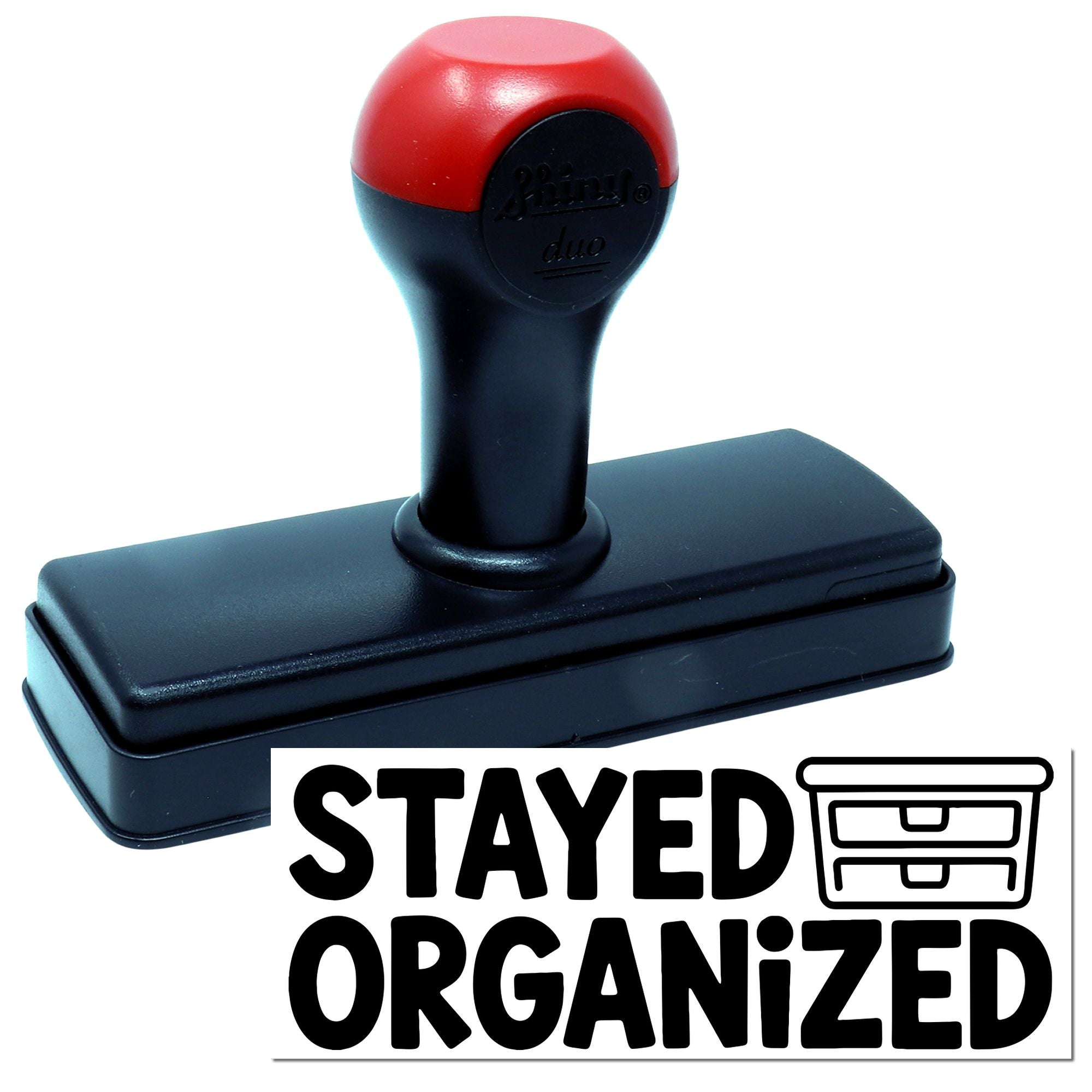 Red and black self-inking stamp and seal with rectangular base and Stayed Organized branding
