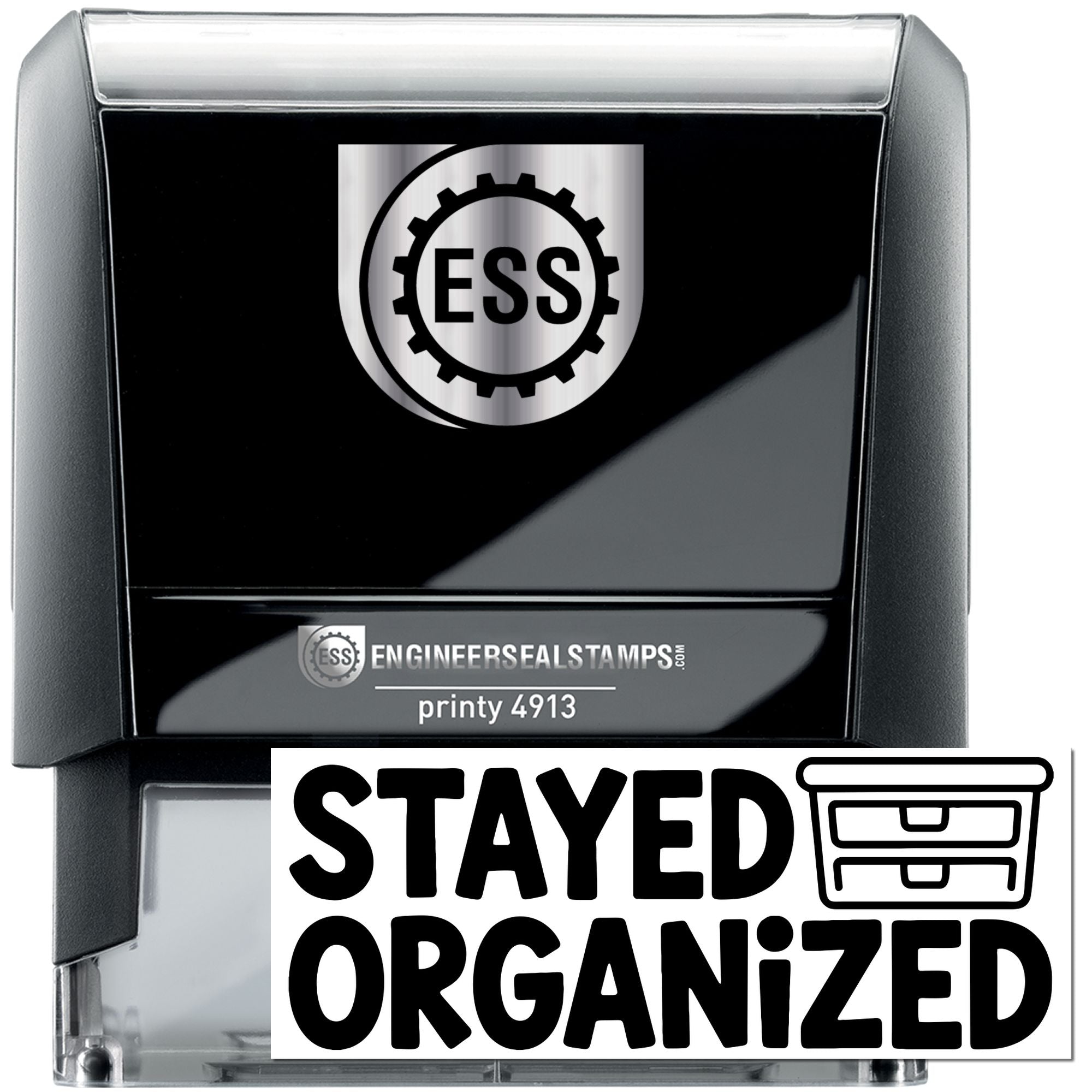 Black ESS self-inking stamp and seal, black and silver, with gear logo and bold Stayed Organized imprint.