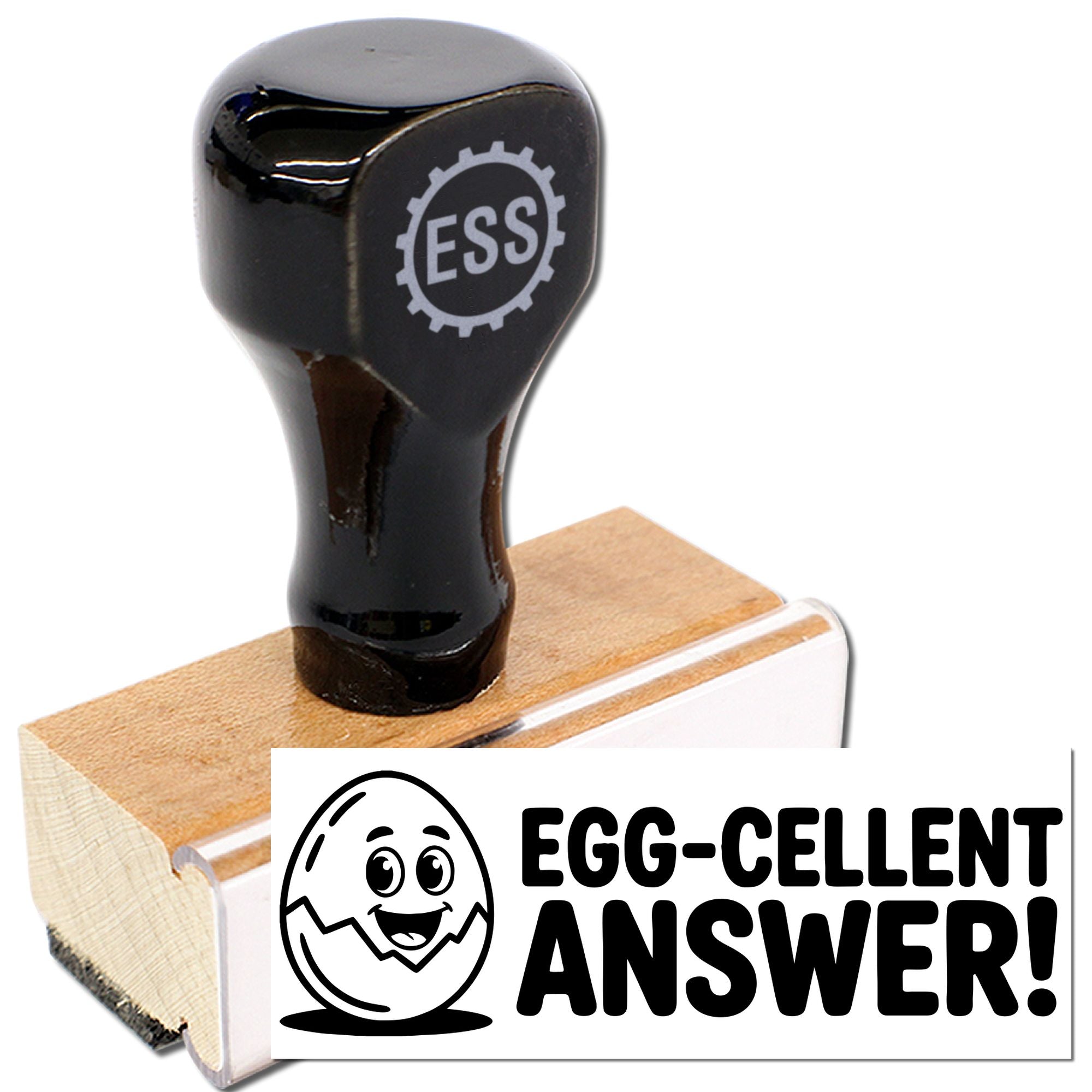 Black rubber stamp and wooden seal base, featuring Egg-cellent Answer! and a smiling egg graphic.