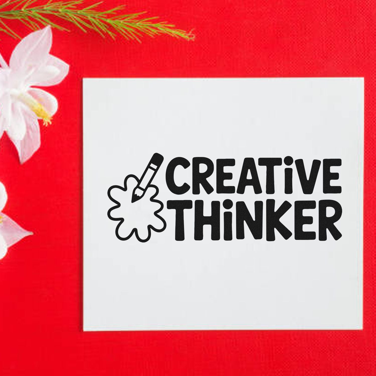 Creative Thinker stamp design on white card, black text and seal icon, set on a bright red background with white flower accents.