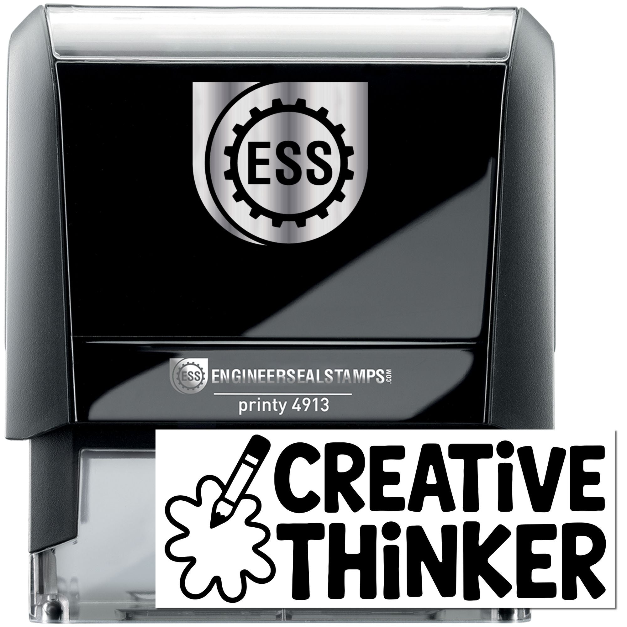 Black self-inking engineer seal stamp, glossy black and silver, with ESS logo and Creative Thinker graphic.