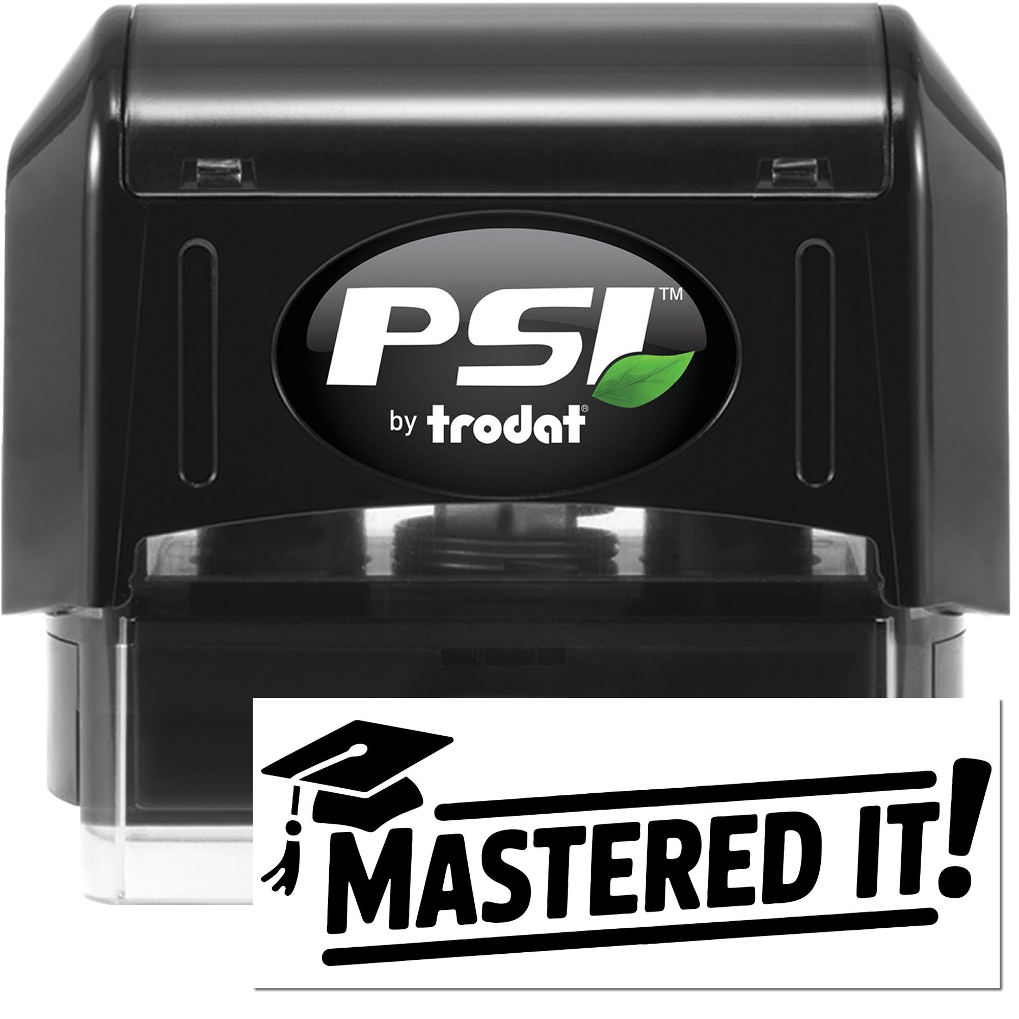 Black PSI by Trodat self-inking stamp and seal set with green leaf logo and Mastered It! text