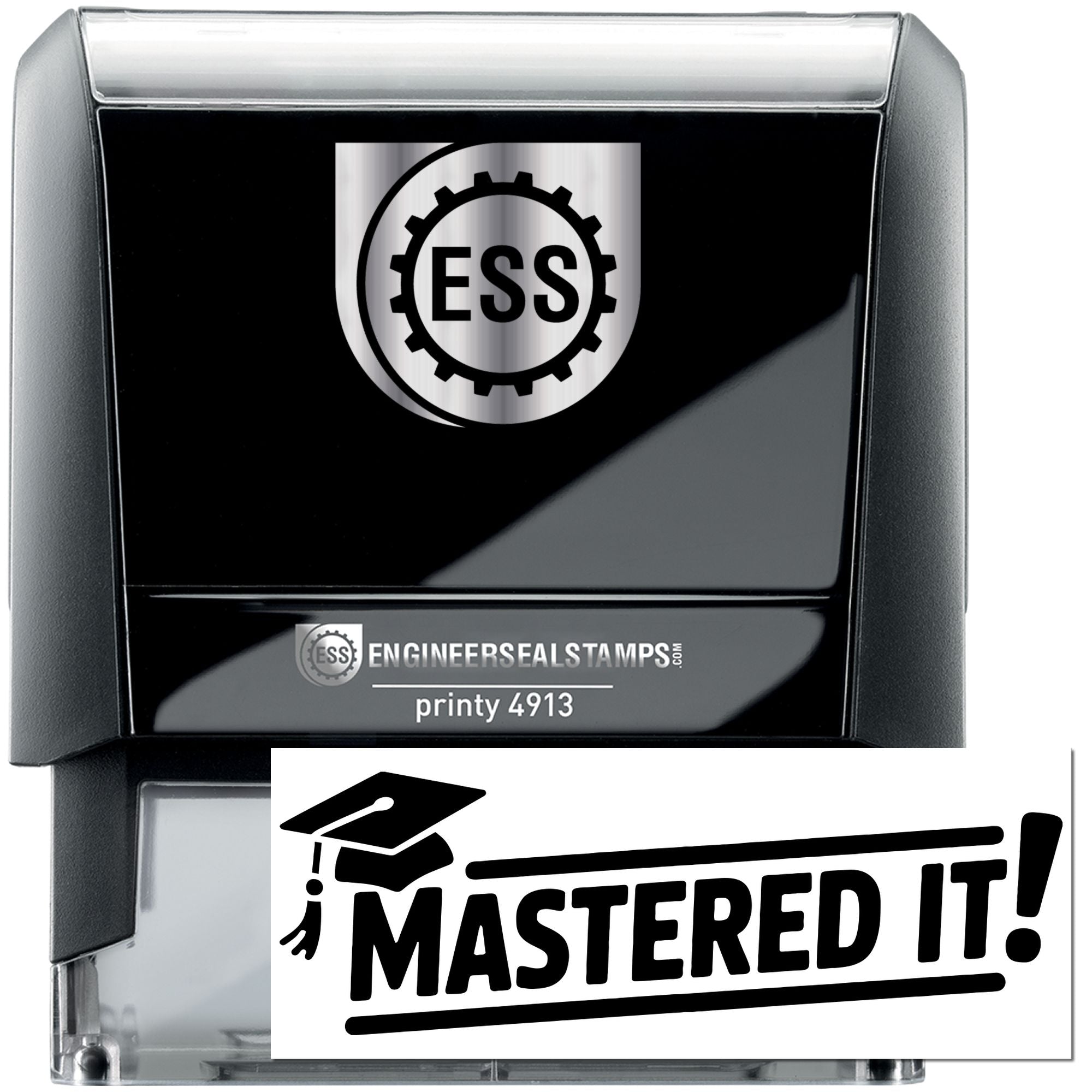 Black self-inking ESS stamp and seal with silver accents, gear logo, and bold MASTERED IT! approval mark.