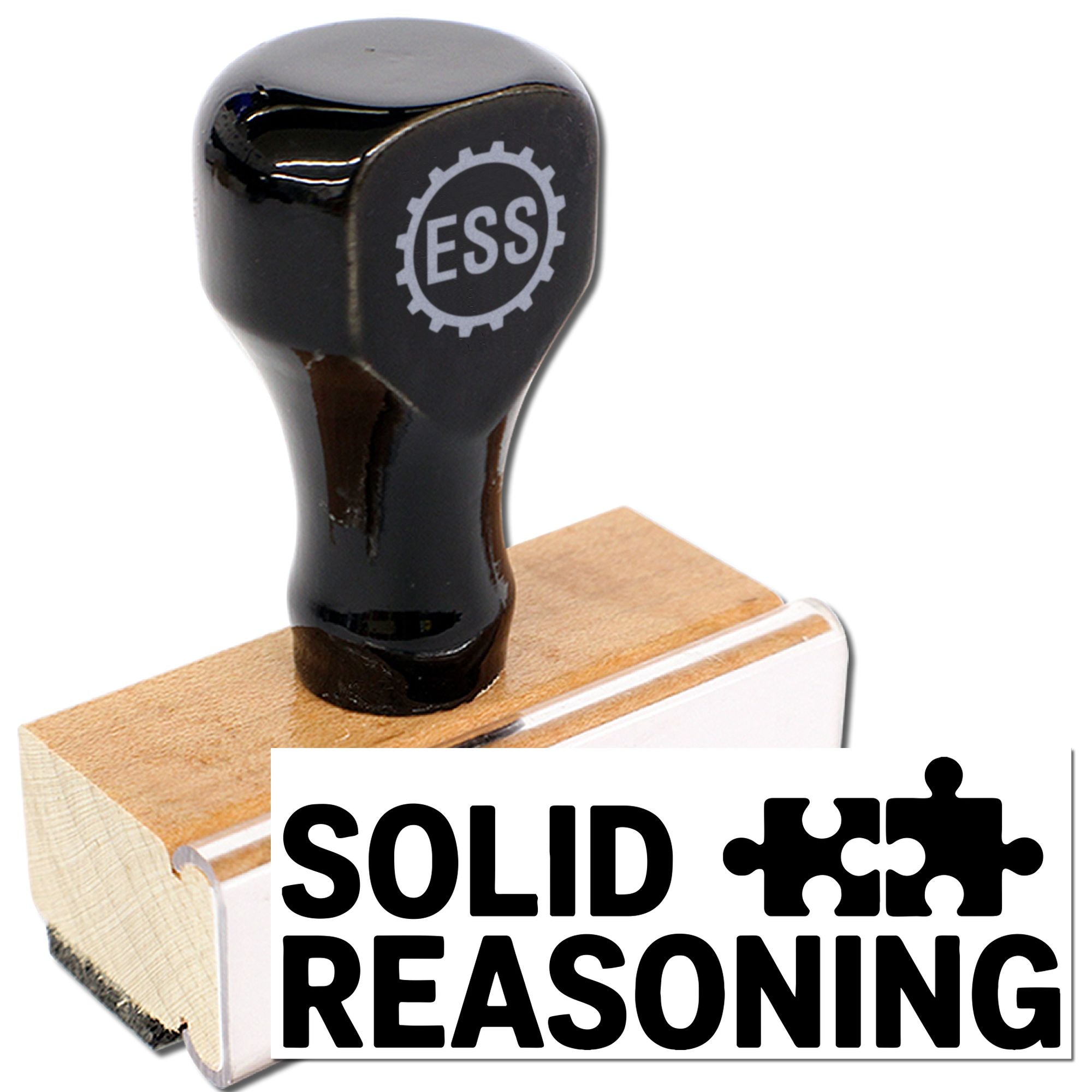 Black self-inking stamp and wooden seal with ESS logo, Solid Reasoning text, and puzzle-piece icon.