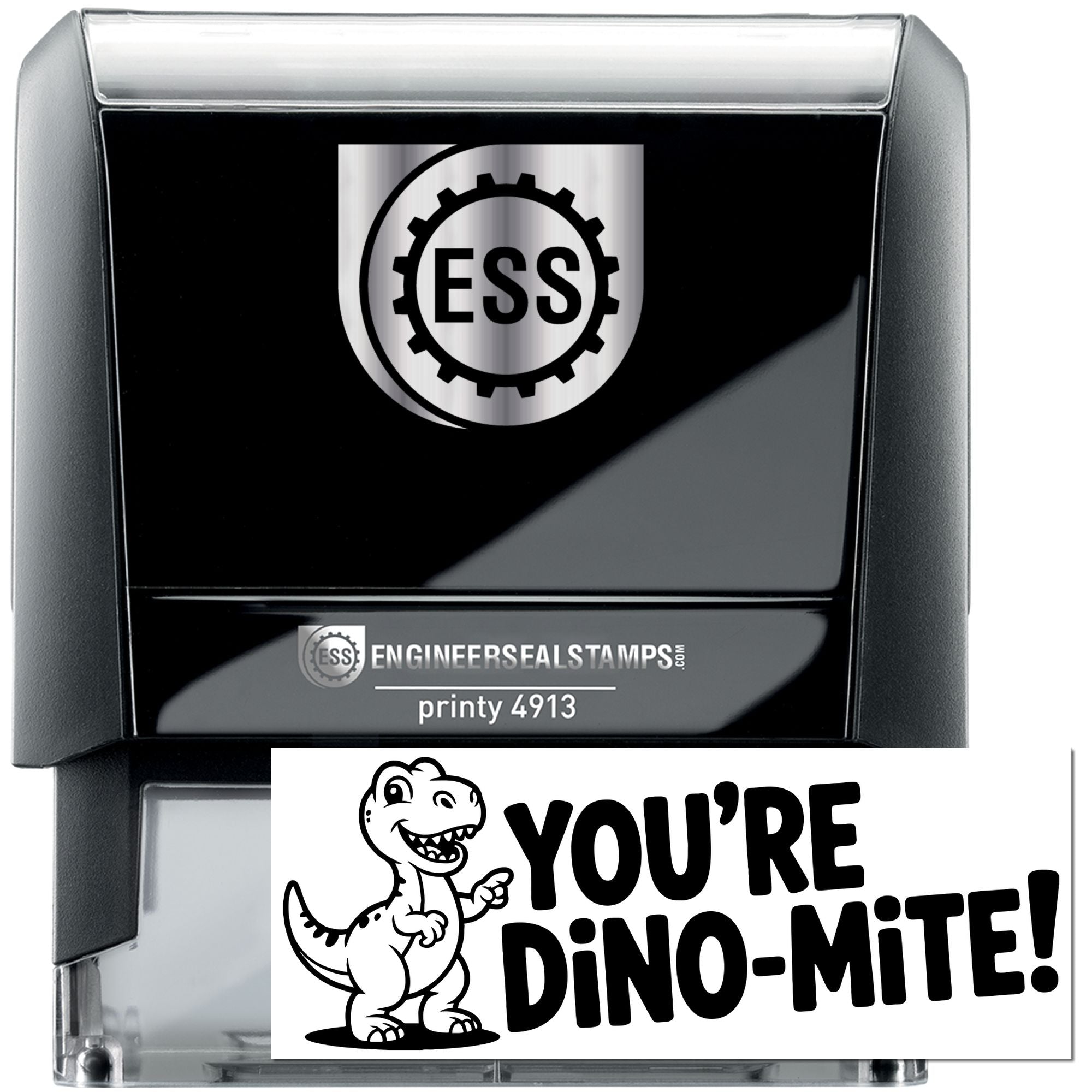 Black self-inking engineer seal stamp with silver top, ESS logo, and Youre Dino-Mite! imprint.