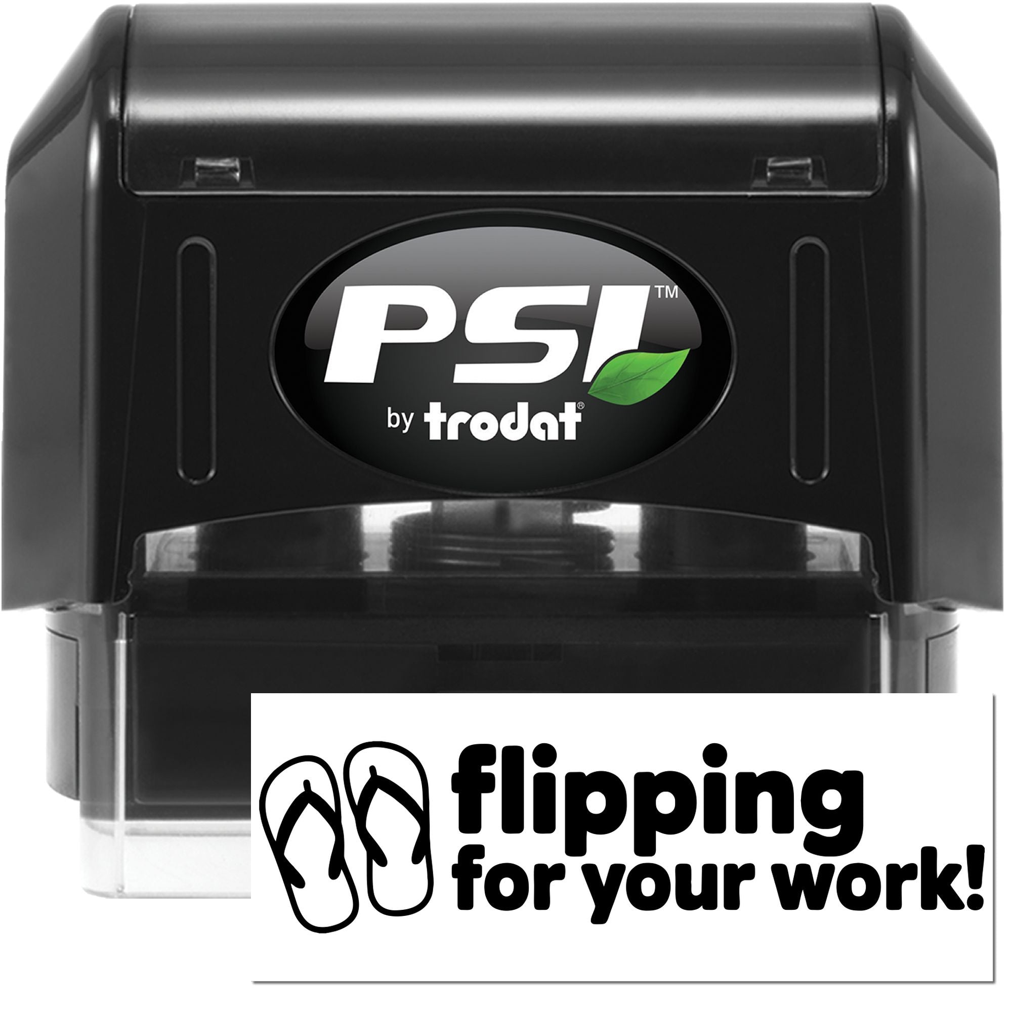 Black PSI by Trodat self-inking stamp and seal, black with green leaf logo and white flip-flop promo card.