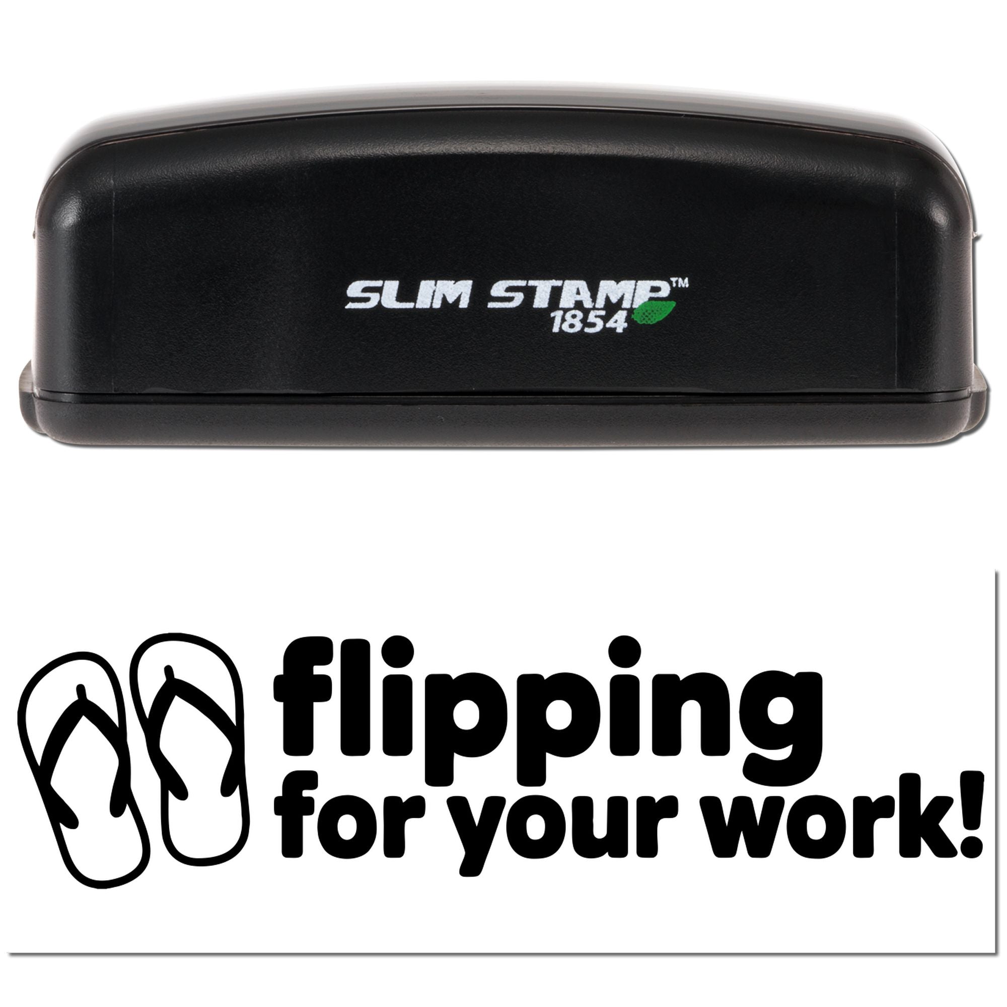 Black Slim Stamp 1854 self-inking stamp with white logo, shown above Flipping for your work! branding and flip-flop icon.