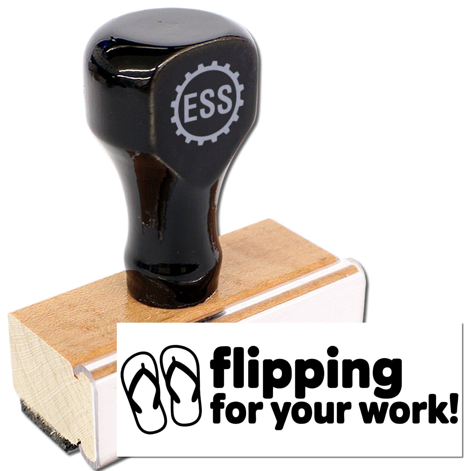 Black ESS rubber stamp and seal on wooden block with flip-flop graphic and flipping for your work! text