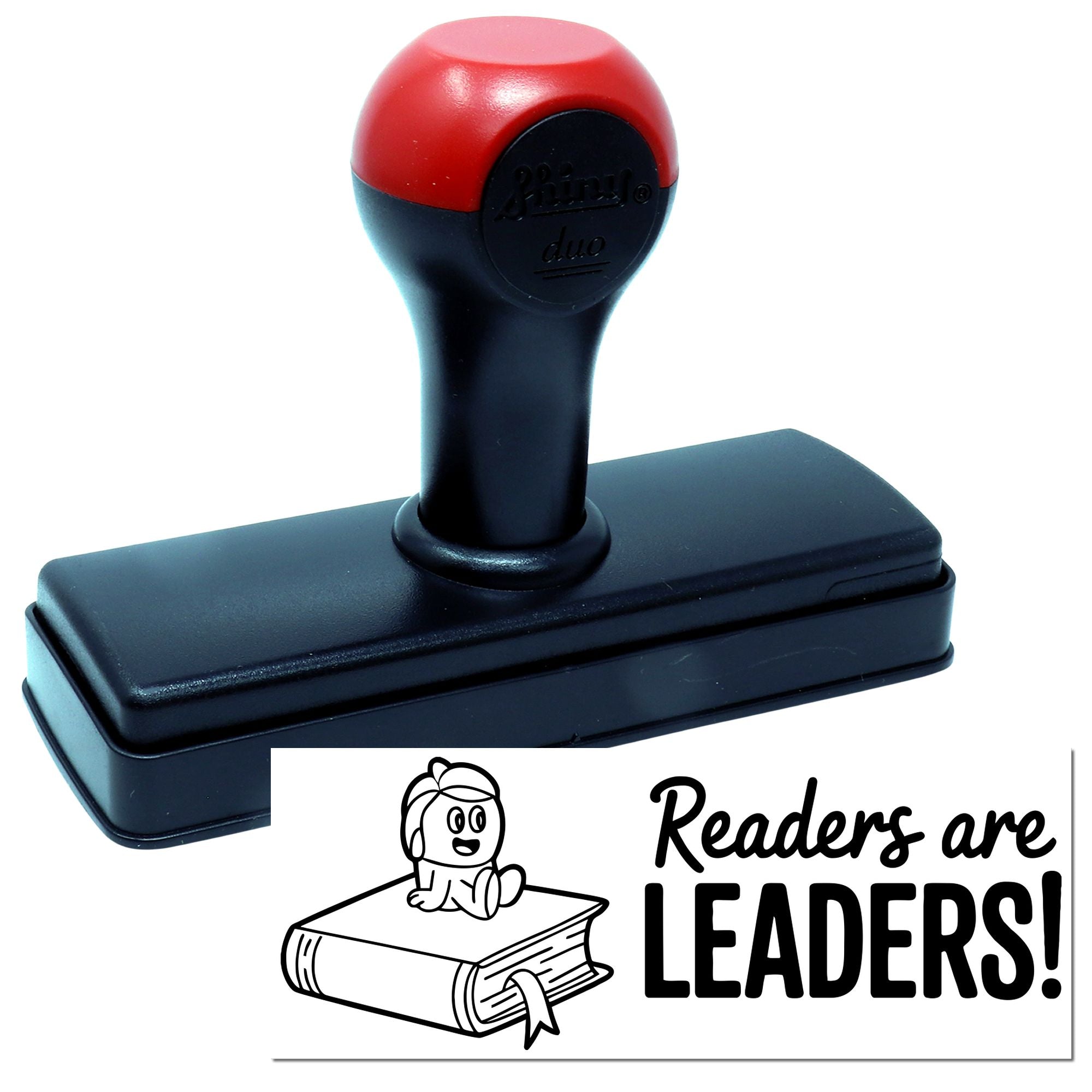 Red and black self-inking stamp with matching seal reading Readers are LEADERS!