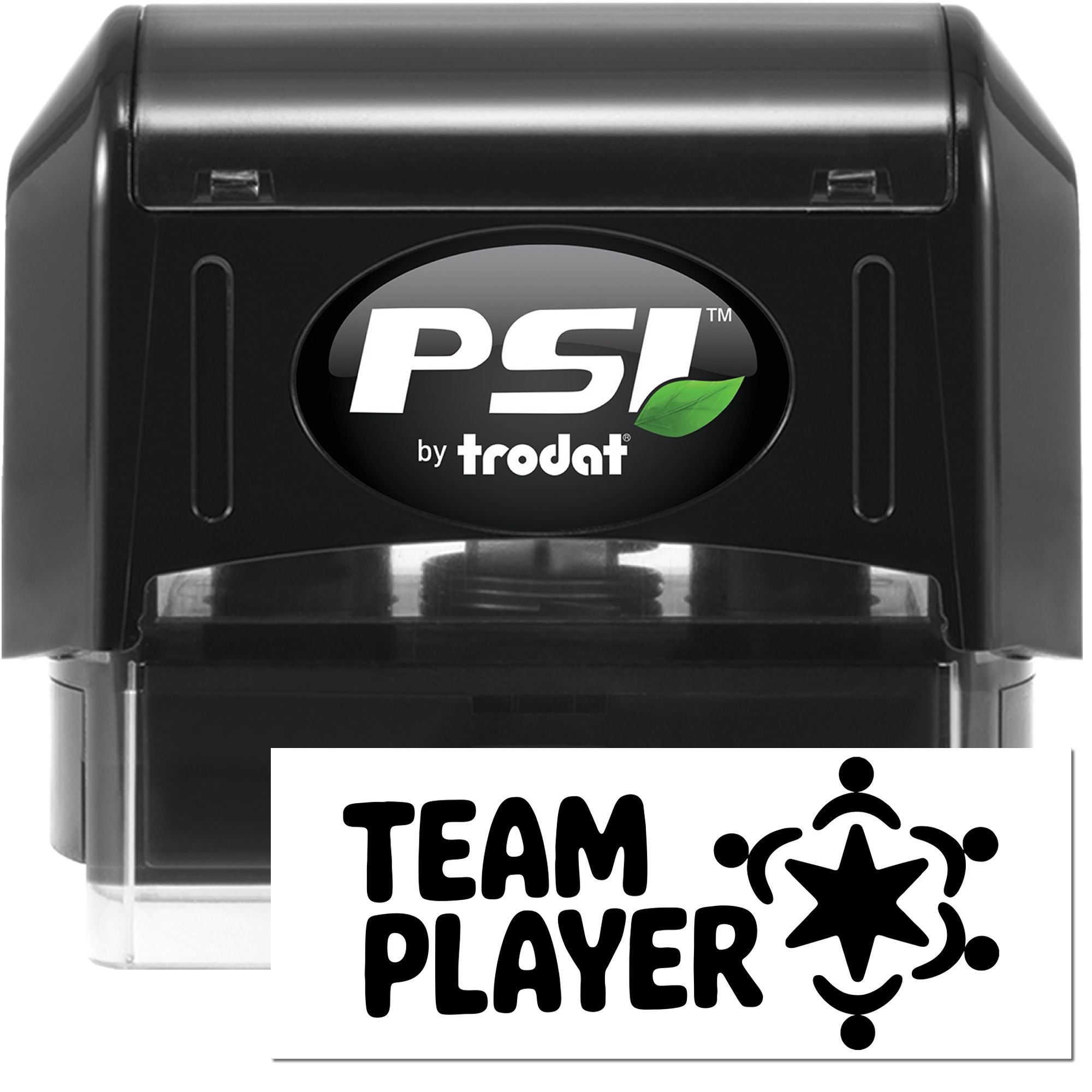 Black PSI by Trodat self-inking stamp with Team Player seal logo