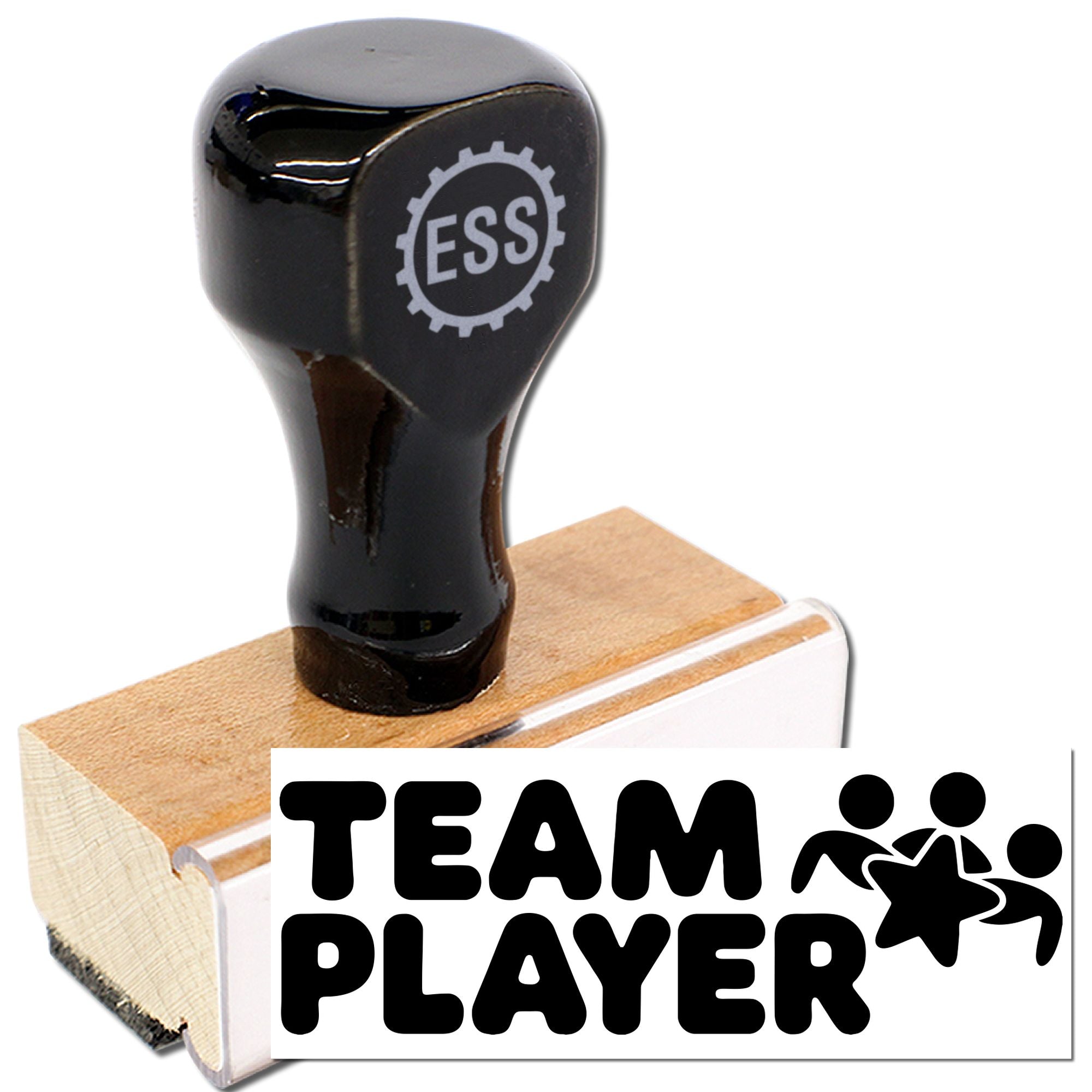 Black ESS rubber stamp and seal on wood mount with TEAM PLAYER design, tan base, on white background.