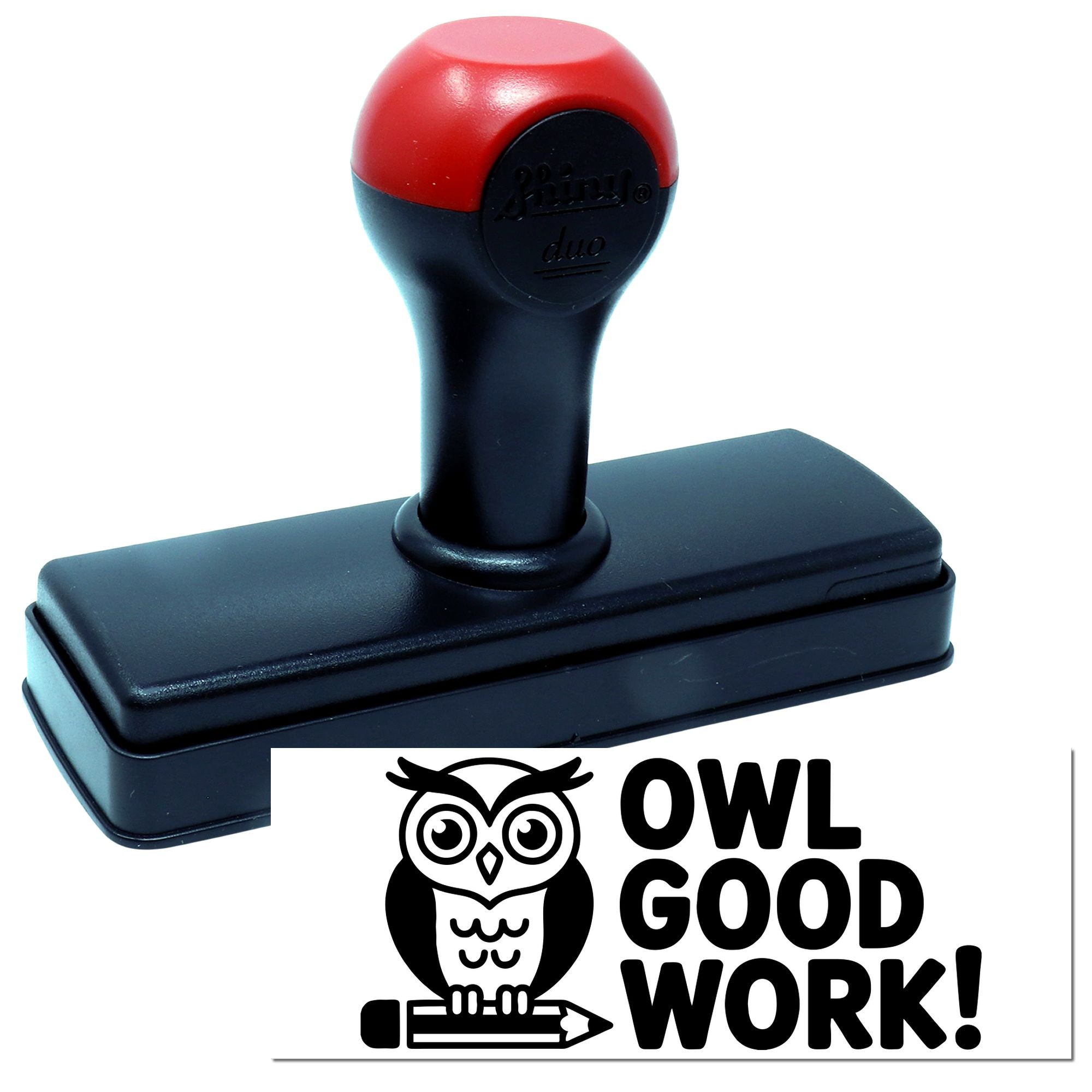 Red-and-black self-inking stamp and seal with owl graphic and bold Good Work! text.