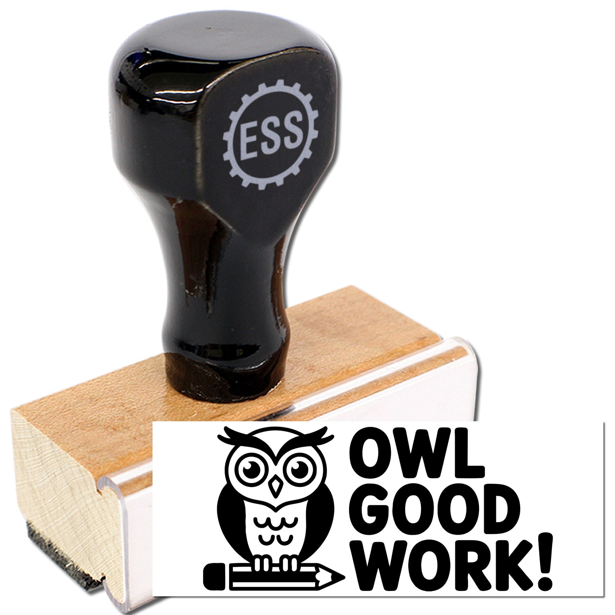 Black custom stamp and wooden seal with ESS logo and Owl Good Work owl graphic on white background