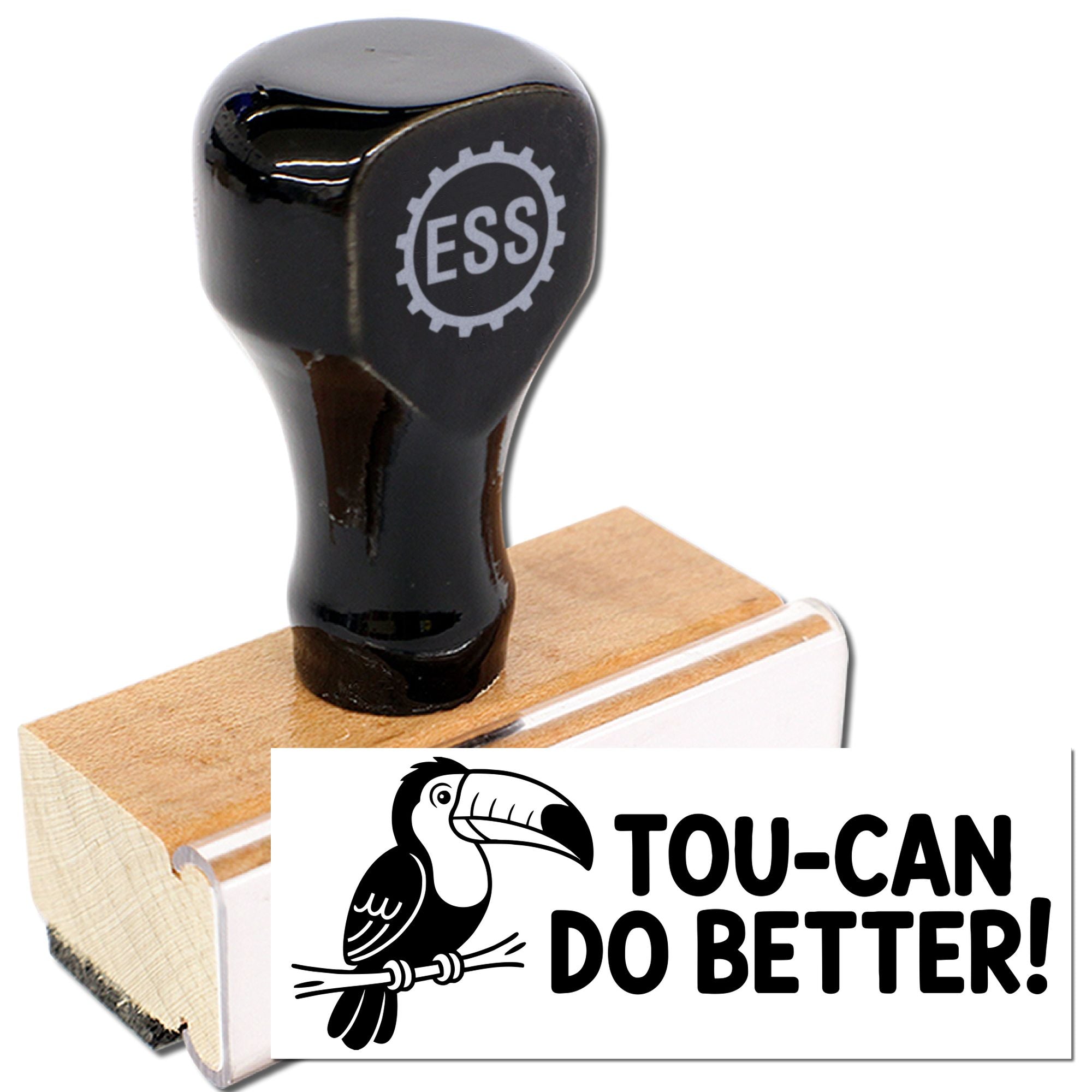 Black ESS rubber stamp and seal on wooden base, with Tou-Can Do Better toucan logo and white label.