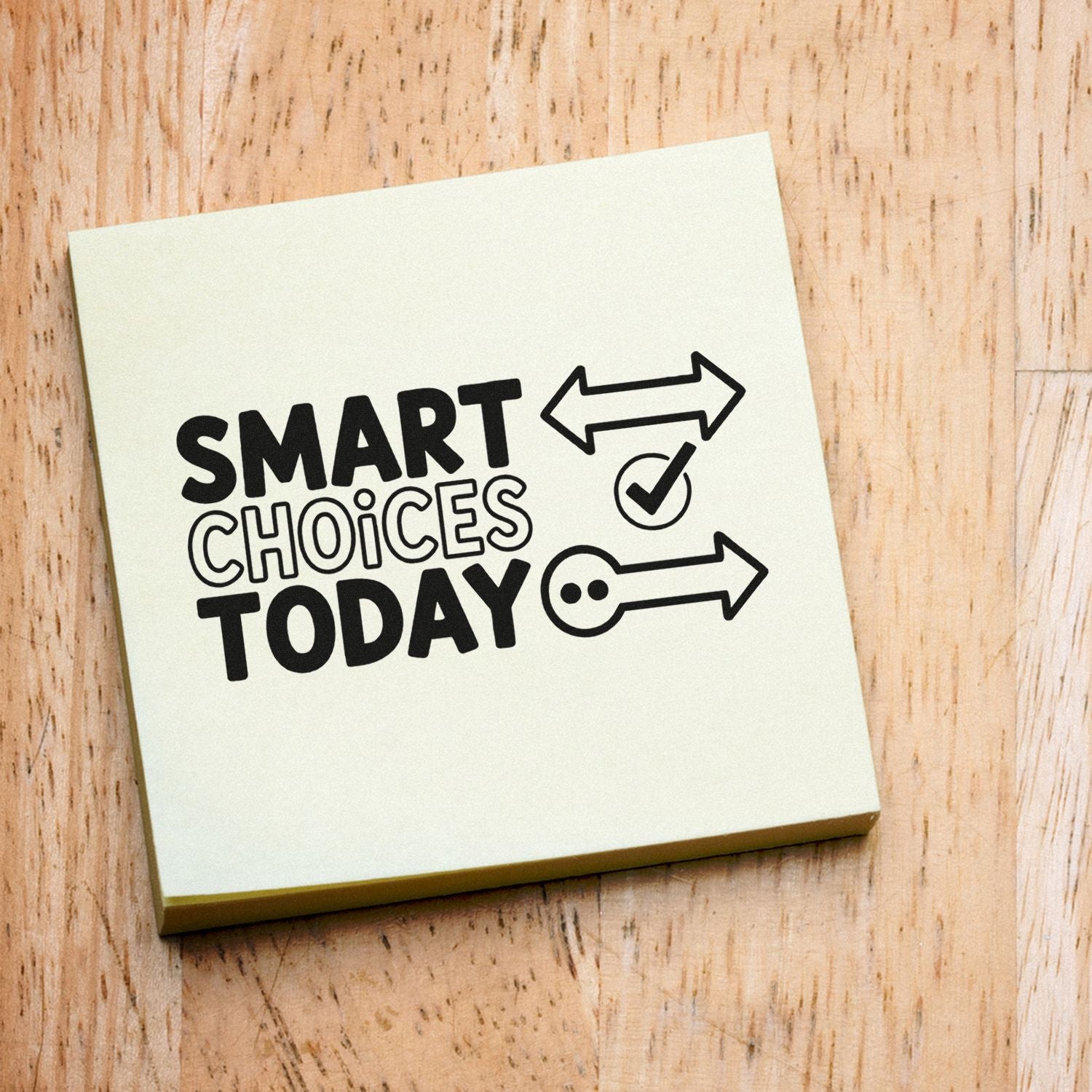 Cream stamp block with black SMART CHOICES TODAY seal, arrows, and check mark on a light wood surface.