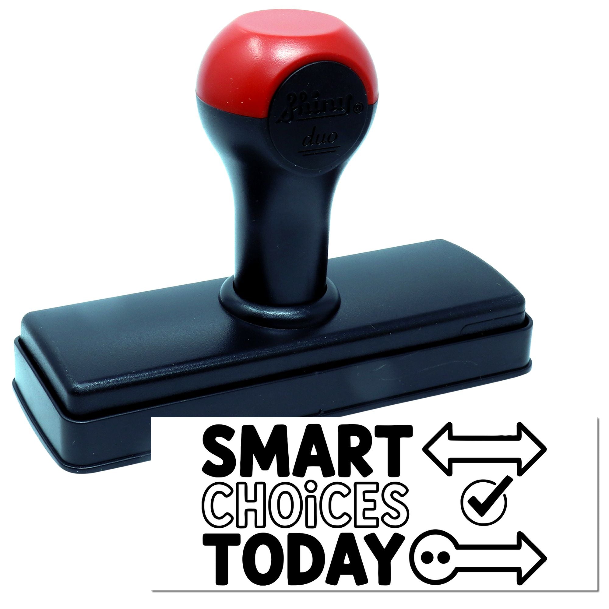 Red and black self-inking stamp and seal with SMART CHOICES TODAY impression on a white background.