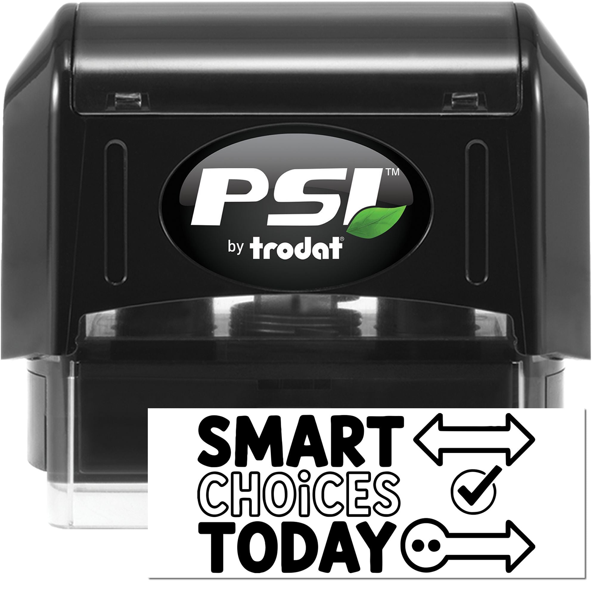 Black PSI by Trodat self-inking stamp with green leaf logo and white Smart Choices Today seal