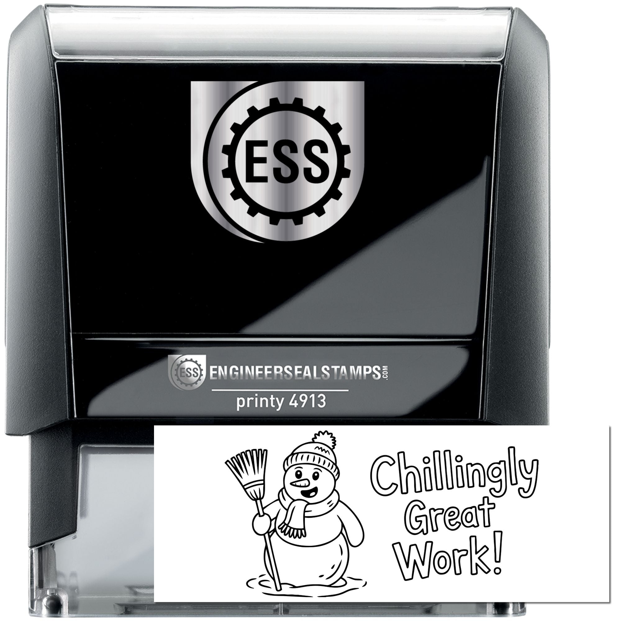 Black and silver engineer seal stamp with ESS logo and snowman Chillingly Great Work! design.