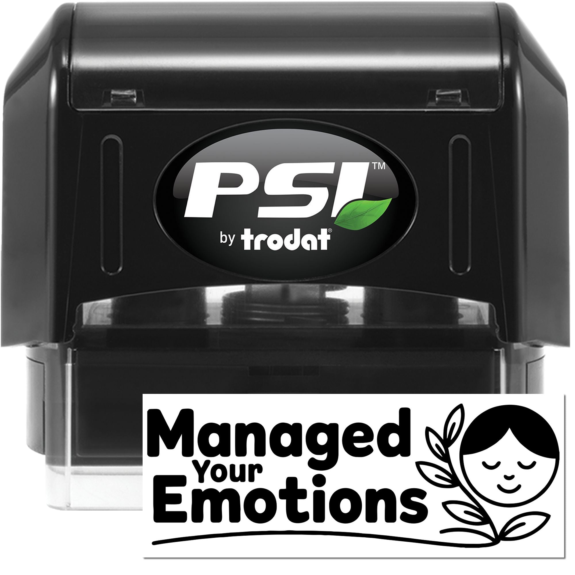 Black PSI by trodat self-inking stamp and white seal card with Managed Your Emotions text and face icon.