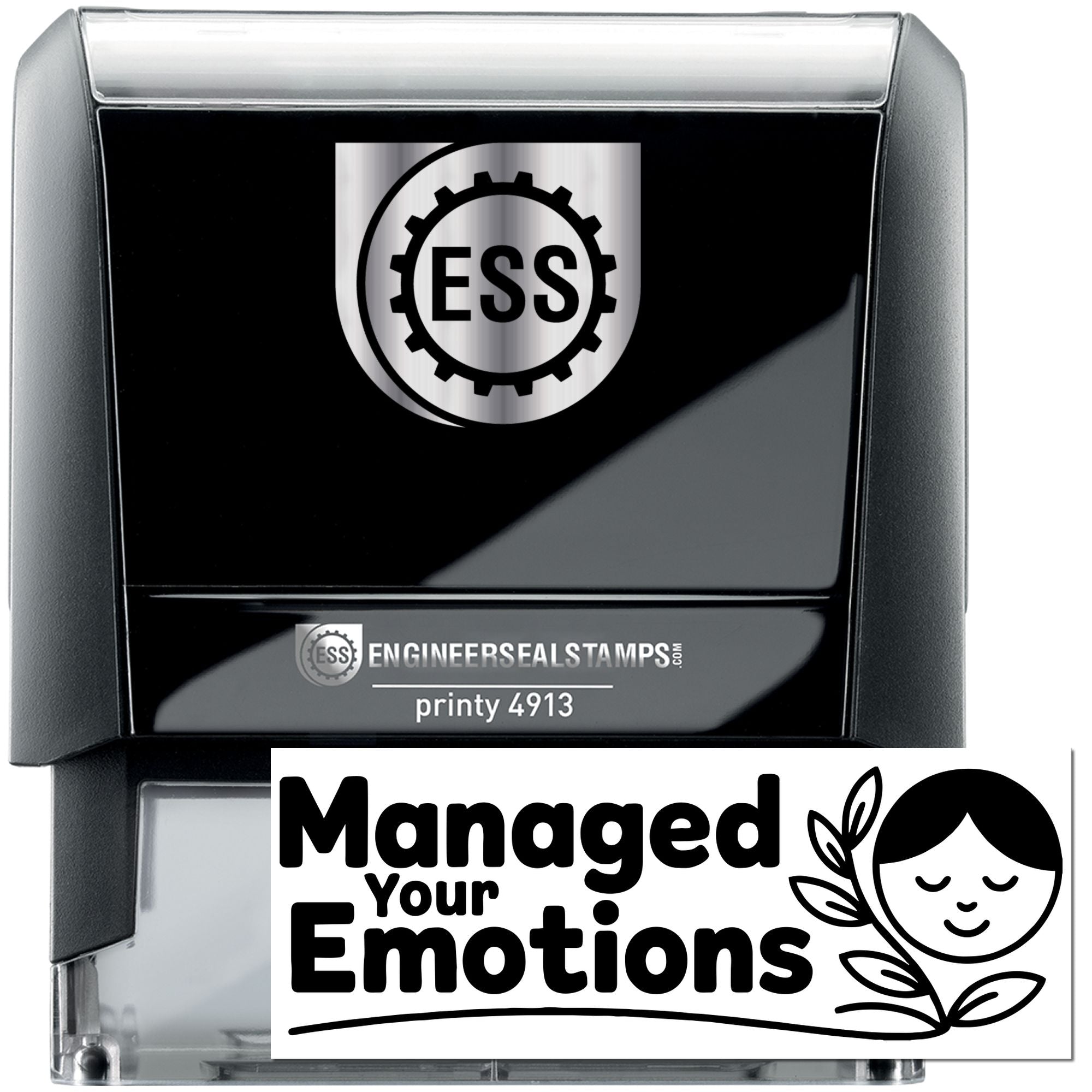 Black and silver ESS self-inking stamp and seal with gear logo, Printy 4913, and Managed Your Emotions design