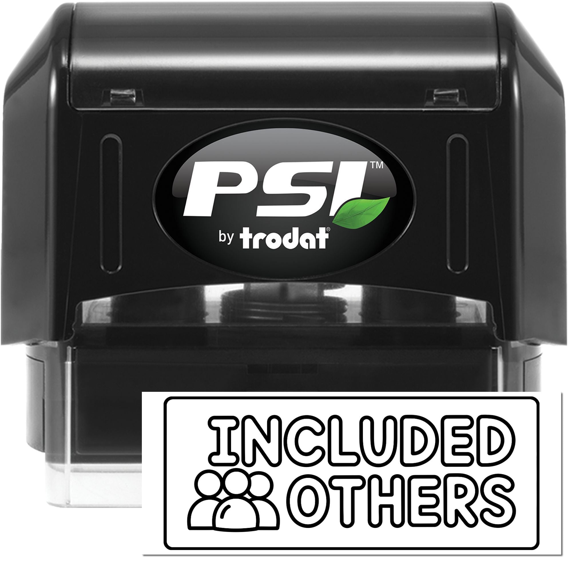 Black PSI by Trodat self-inking stamp and seal with green leaf logo and Included 88 Others label